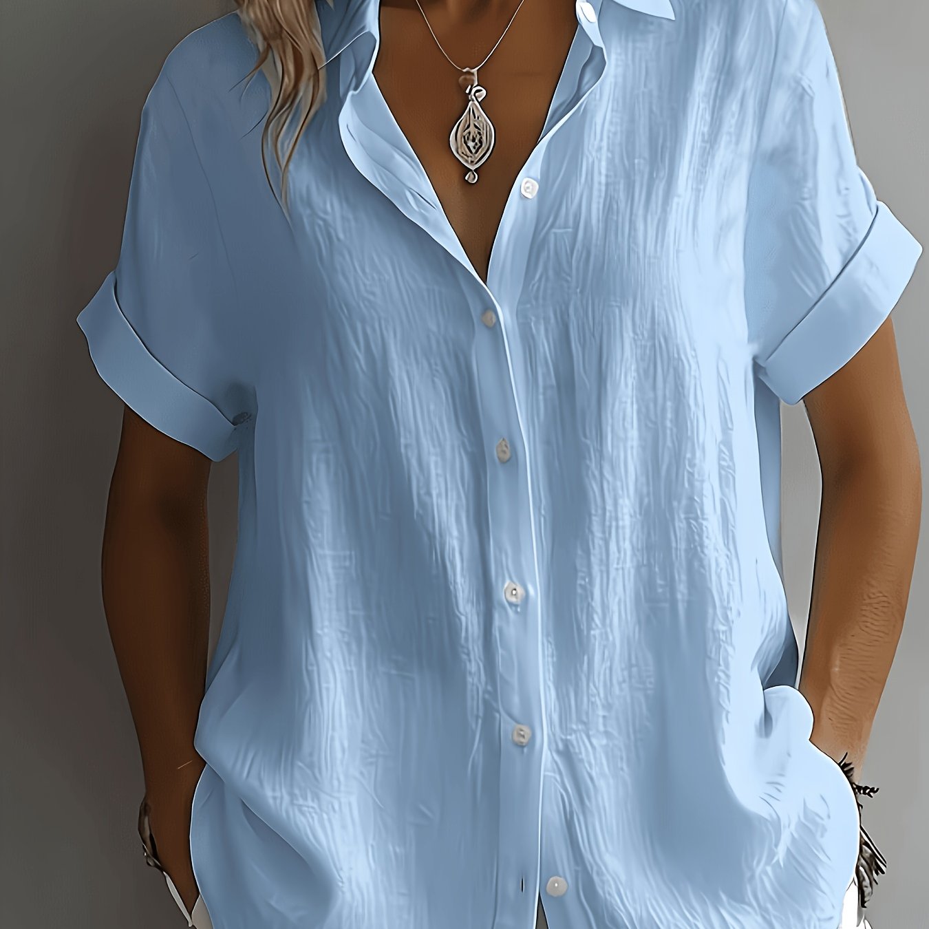 TEMU Women's Elegant Vacation-style Short-sleeve Top, Loose And Relaxed Shirt, Commuting Casual Literary Style, Figure-flattering, Daily Temperament