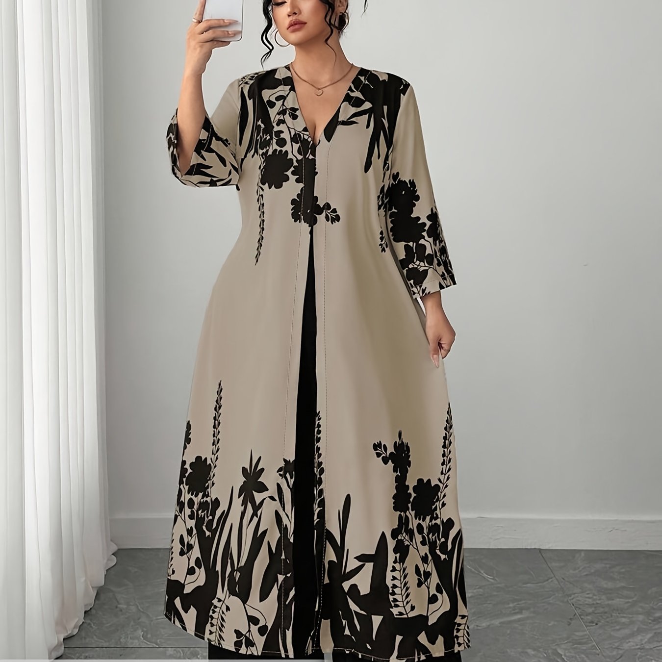 TEMU Plus Size - Spring Summer Women's Casual Elegant V-neck Long Loose Printed Robe With Slit, Plus Size Dress, Vacation Wear, Beachwear, Beach