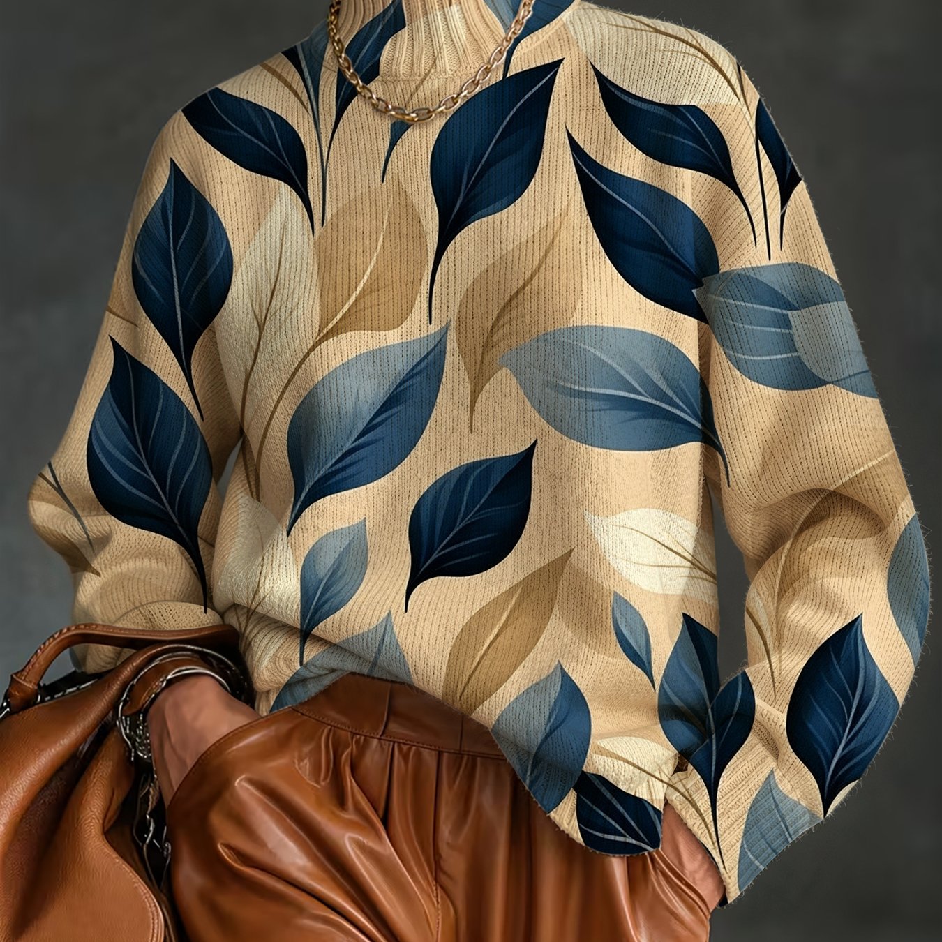 TEMU [2d Digital Printing] Trendy Women's Beautiful Leaf Print Sweater, Autumn/winter Chimney Neck Warm Long-sleeve Sweater, Elegant And Versatile