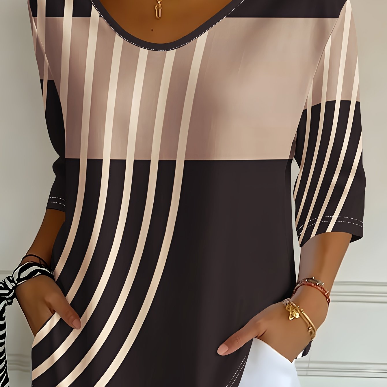 TEMU Women's New Coffee-colored Easy Line Decorative Printed V-neck Three-quarter Sleeve T-shirt, Spring Autumn Casual Top