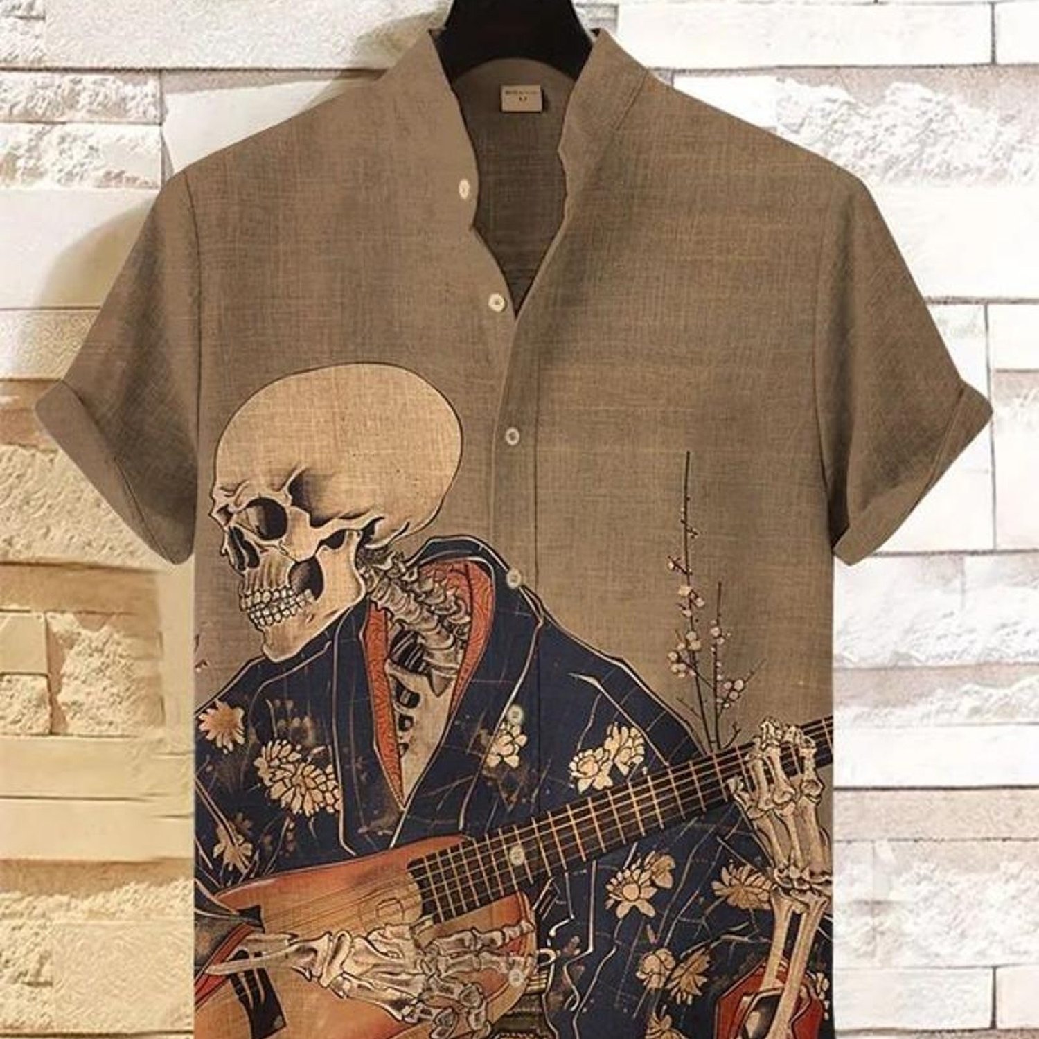 TEMU Men's Collar Dress Shirt, Unique Skeleton Print, Short-sleeved, Polyester, Multiple Specifications , Mixed Color, Casual Daily Wear, Fashionable