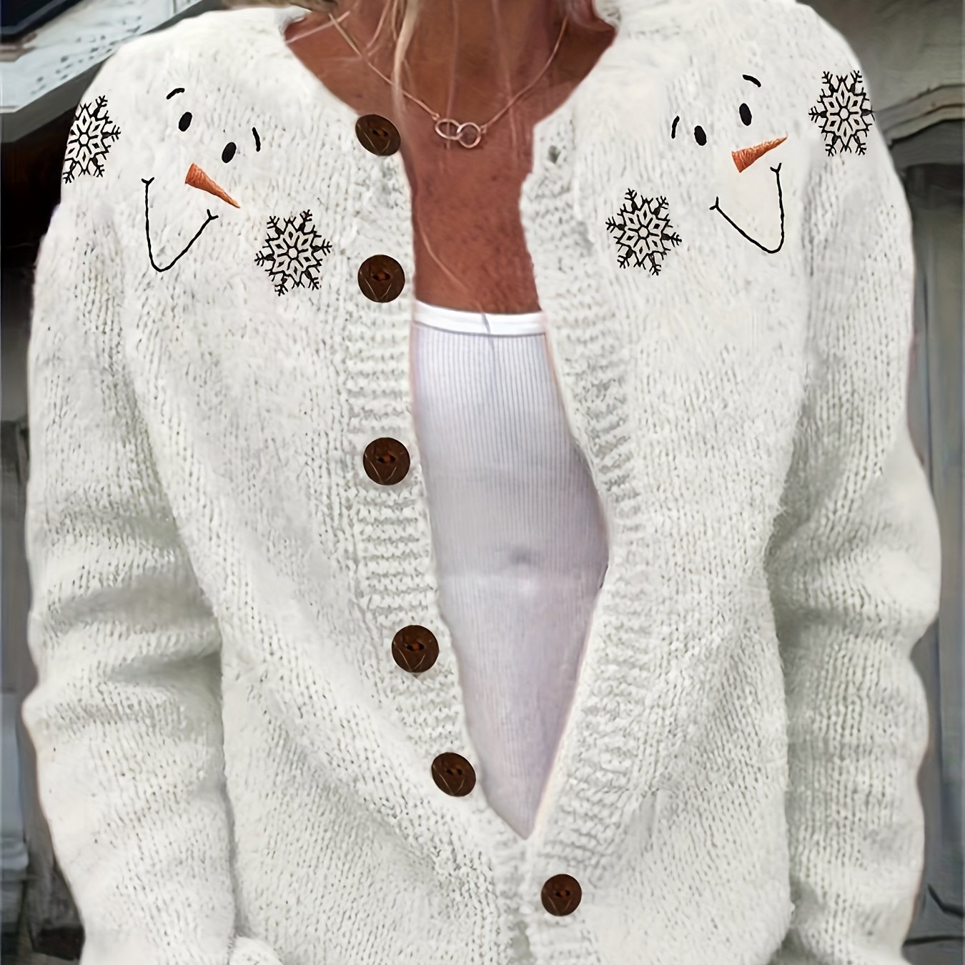 Plus Size, Large-sized Winter 3d Snowman And Snowflake Cardigan - Comfortable Sweater, Round Neck Design, Button Closure