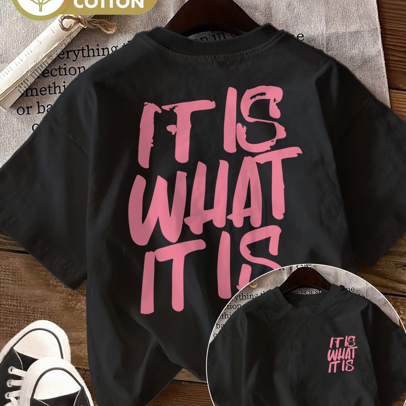 Image of Double-sided Print, Summer Trend, Handwritten Style, Pink ' What' Printed Short-sleeve Round-neck T-shirt