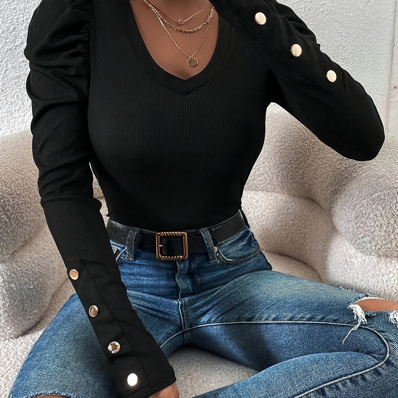 TEMU Women' Color Casual Long Sleeve T-shirt, V-neck Puff Sleeve With Golden Decor Buttons, Slim Layer Top, Date Party Wear