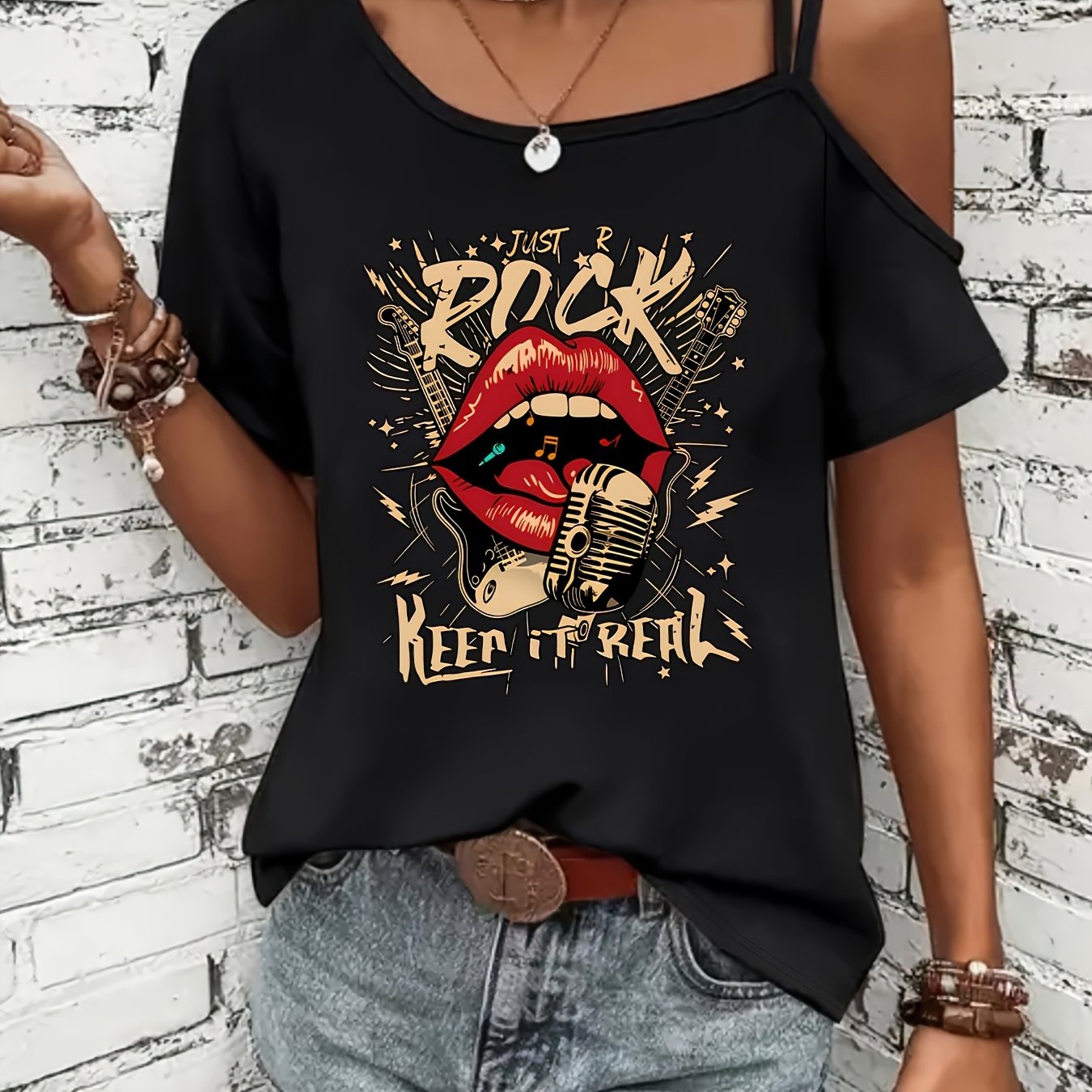 TEMU Fashionable Women's T-shirt With Printed Design, Thin Shoulder Straps, Off-the-shoulder Style, And Short Sleeves. Soft And Comfortable Fabric