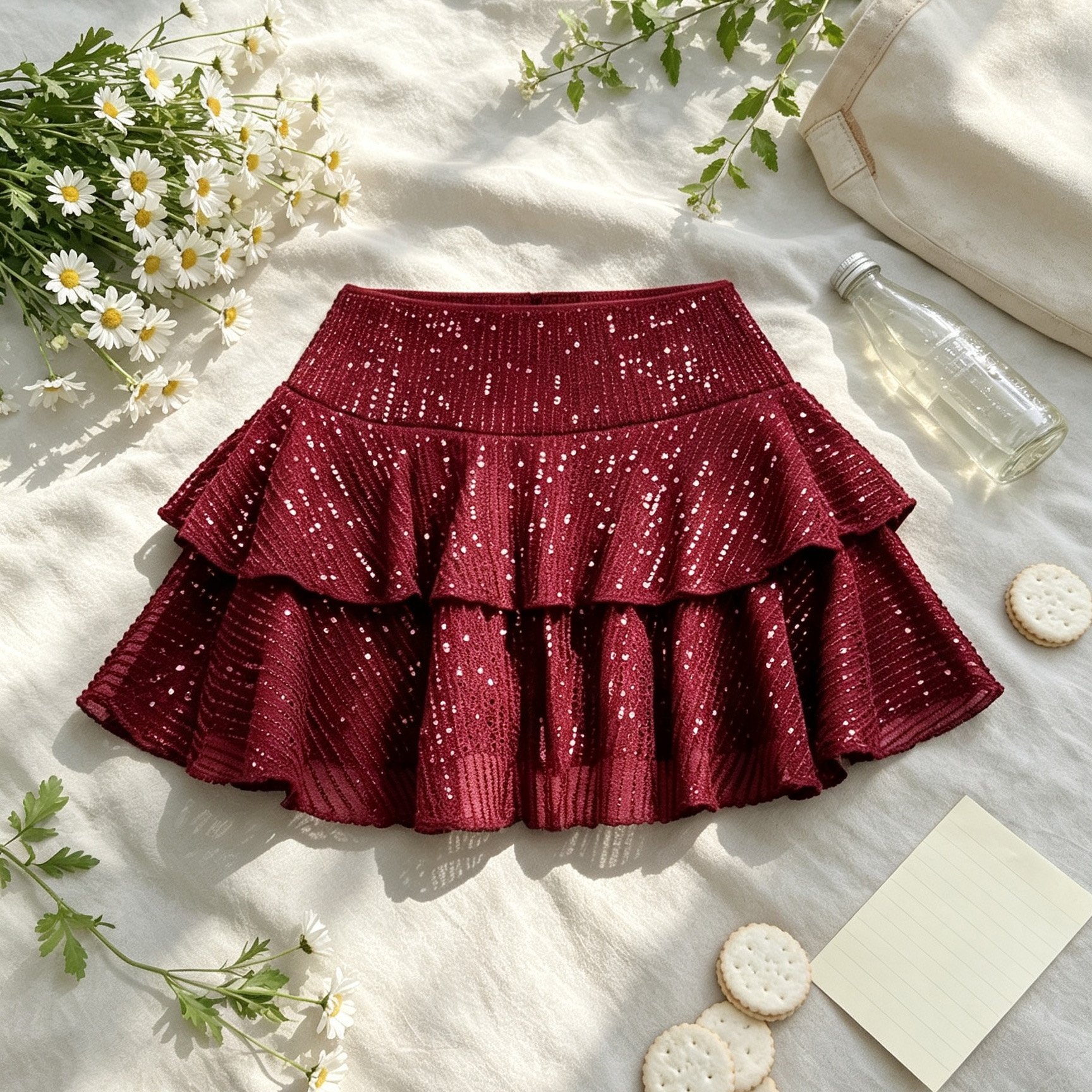 TEMU New Women's Sequin Mini Skirt, Layered Cake Ruffle Beaded Design, Suitable For Daily , Photoshoots, Shopping, Dates, And Gatherings
