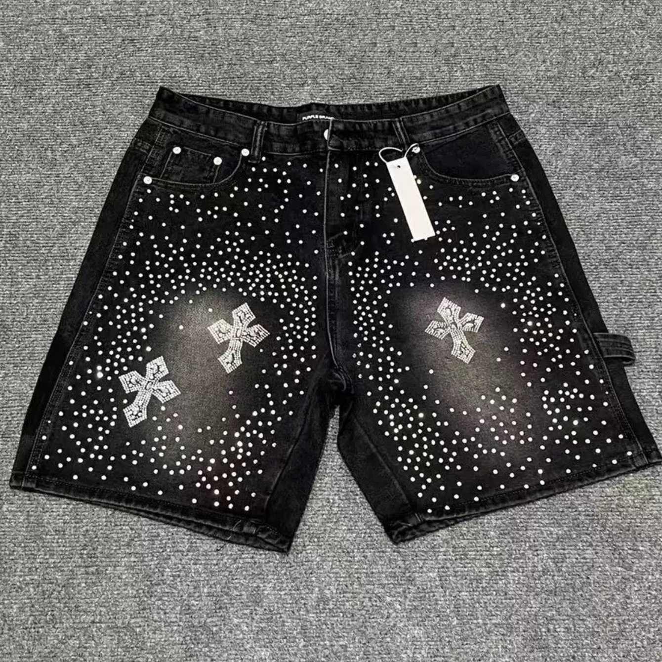 Image of 2026 Cross Rhinestones New Loose Casual Shorts Jeans Men And Women's Shorts Summer Trend