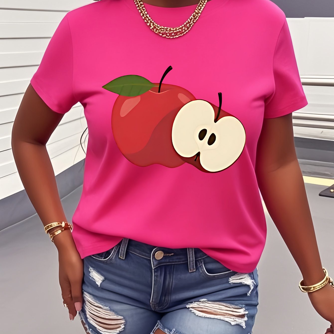 TEMU Red Sliced Fruit Illustration Print T-shirt, Short Sleeve Round Neck Women's Top, Cute Cartoon Fruit , Style, Showcasing Personality, Casual And