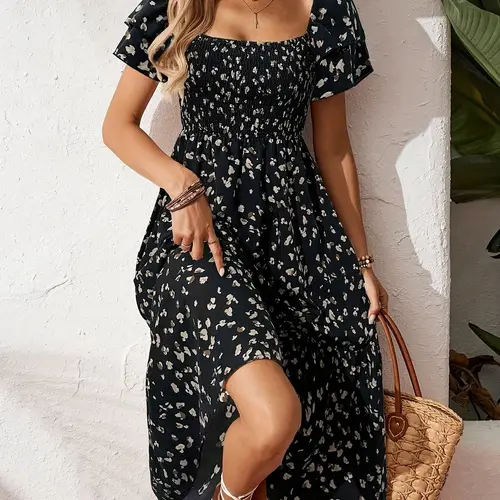 ladies summer all over printed ruffle elegant dress