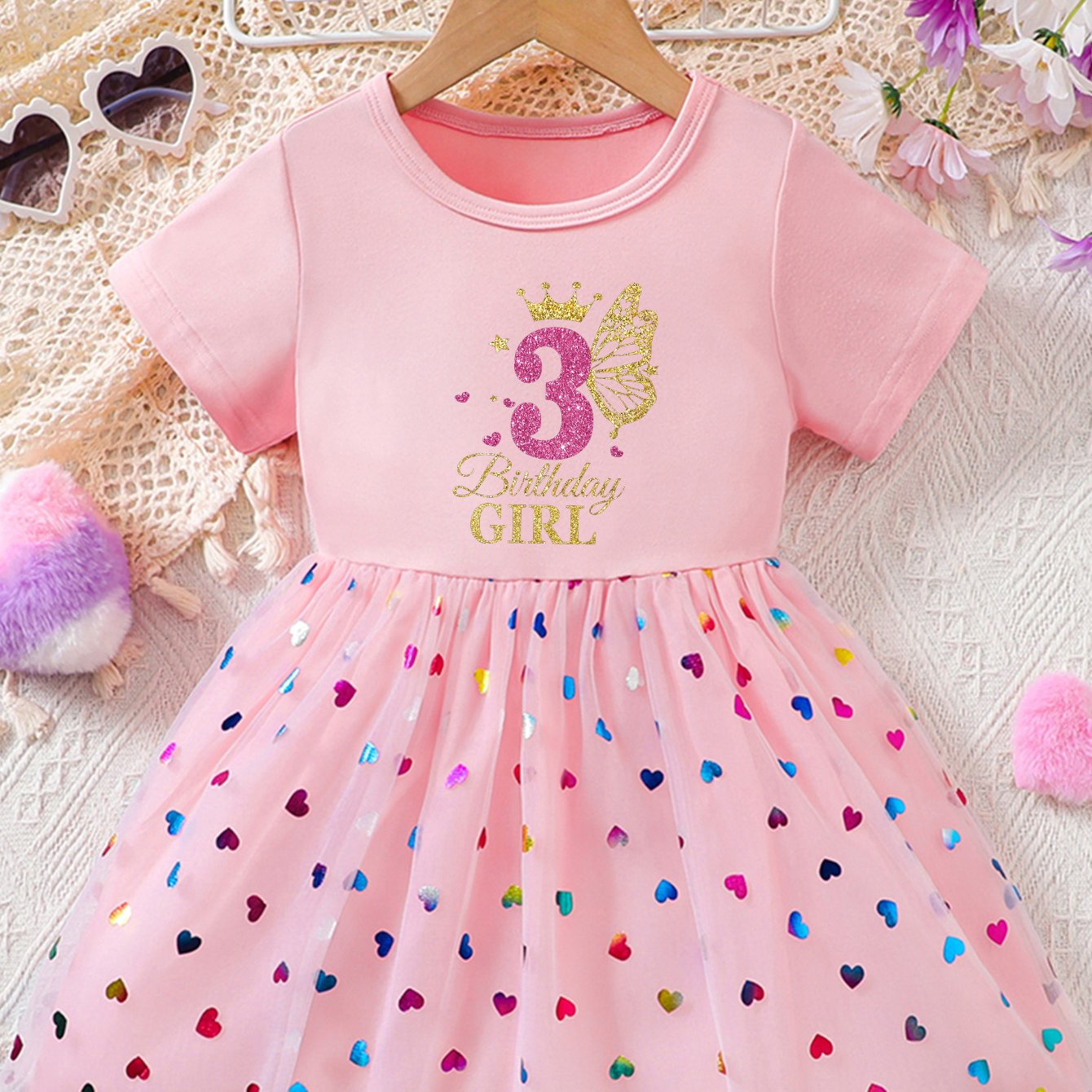 Image of Three-year- Birthday Girl Letter Themed Print, Girls' Fashion Summer Sequin Heart-shaped Mesh Short-sleeve Dress