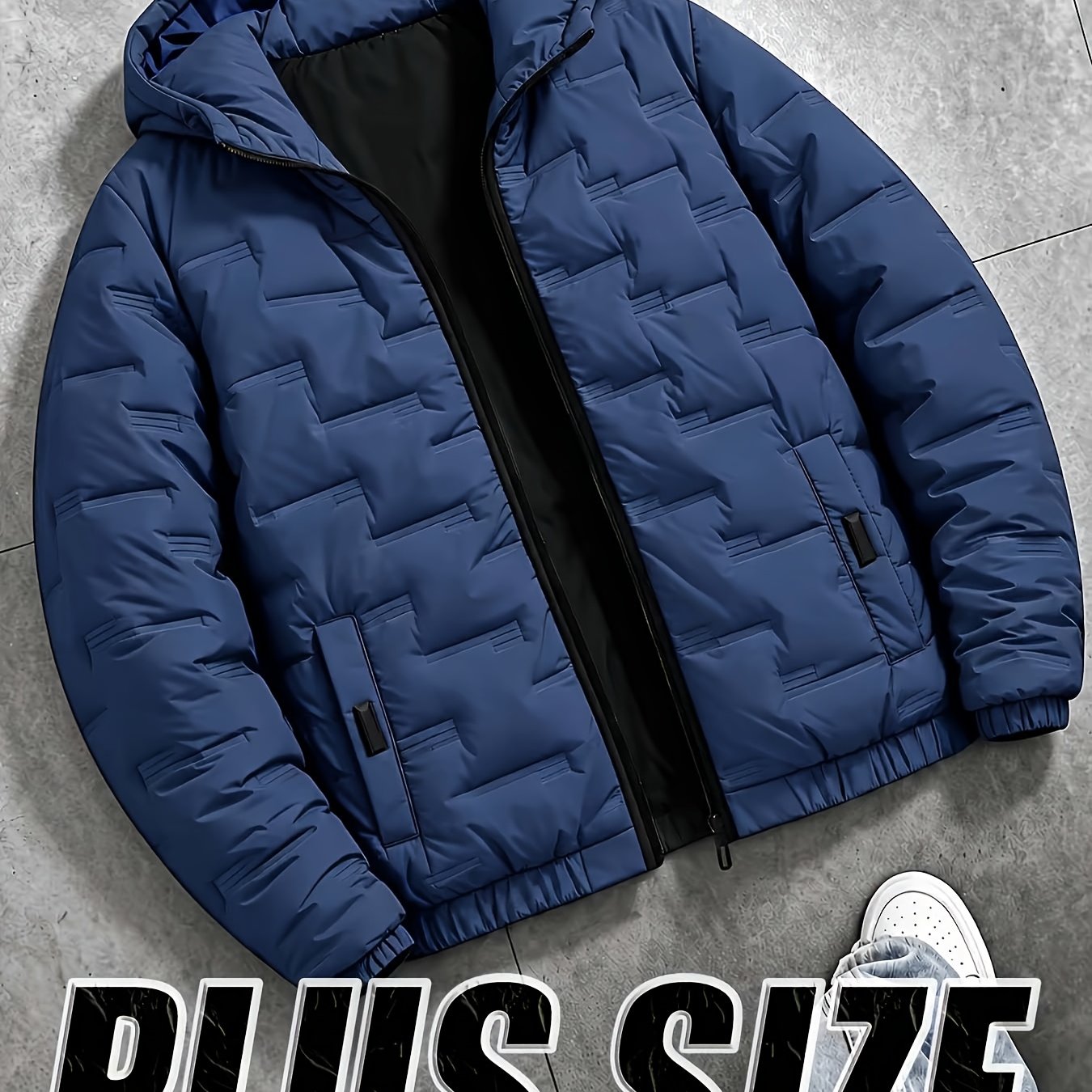 TEMU Men's Oversized And Thickened Warm Hooded Jacket With Geometric Stitching, Thick Winter With Zipped Pockets And Elastic Cuffs, Suitable For