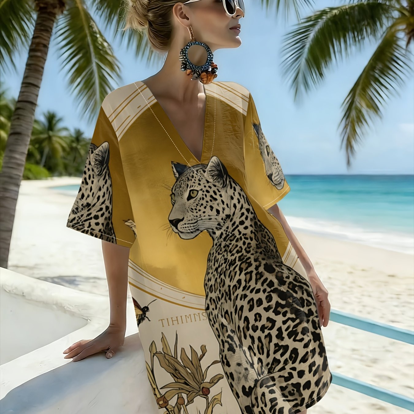 TEMU Golden-based Realistic Leopard Jungle Floral -quarter Sleeve, Loose A-line Skirt For Island Getaways, Women's V-neck Dress