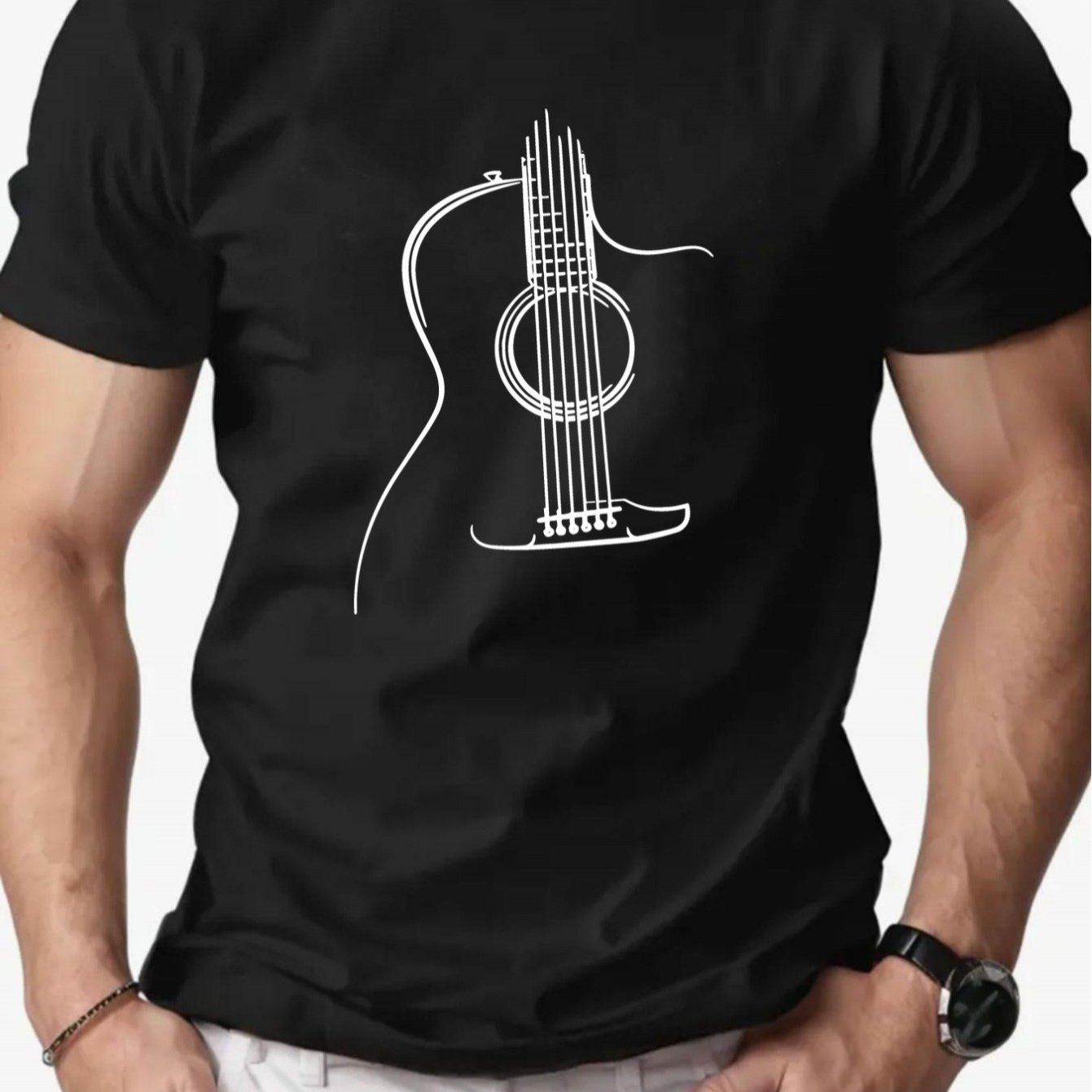 TEMU Men's Guitar Line Art T-shirt - Navy Blue With White Musical Notes And Guitar Chord Design, Breathable And Moisture-wicking Short-sleeve Shirt,
