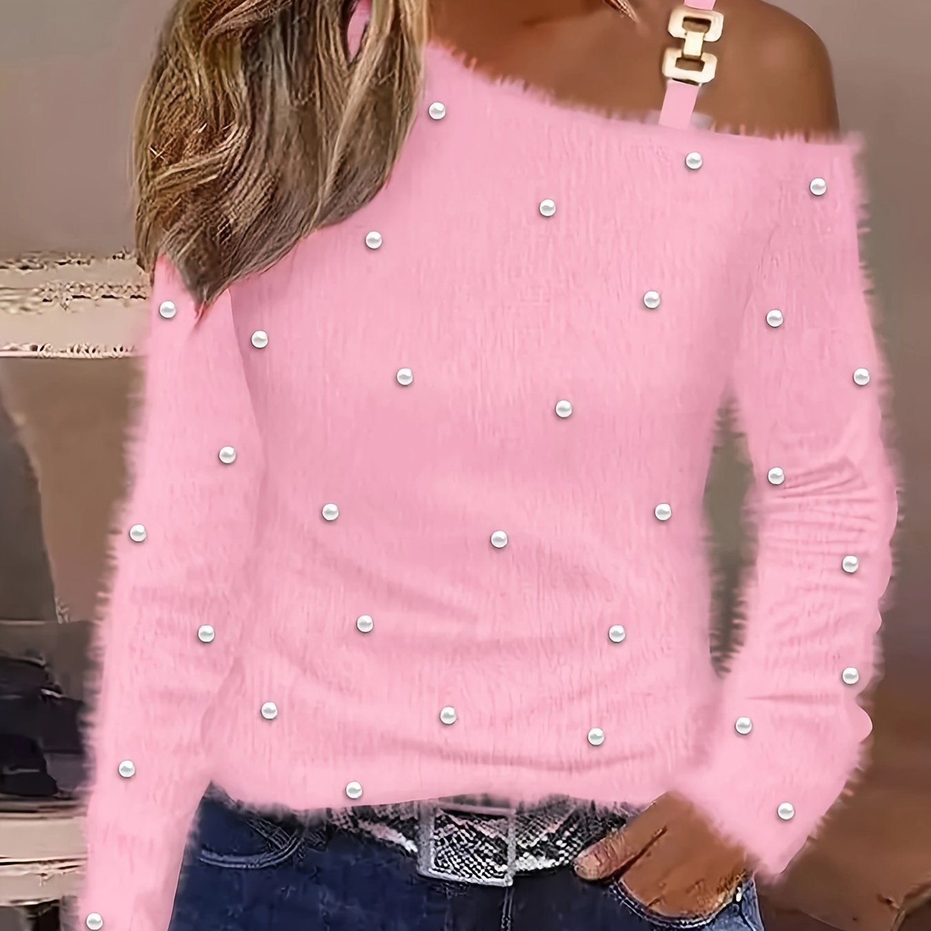Off-shoulder Long-sleeve Beaded Fitted Top