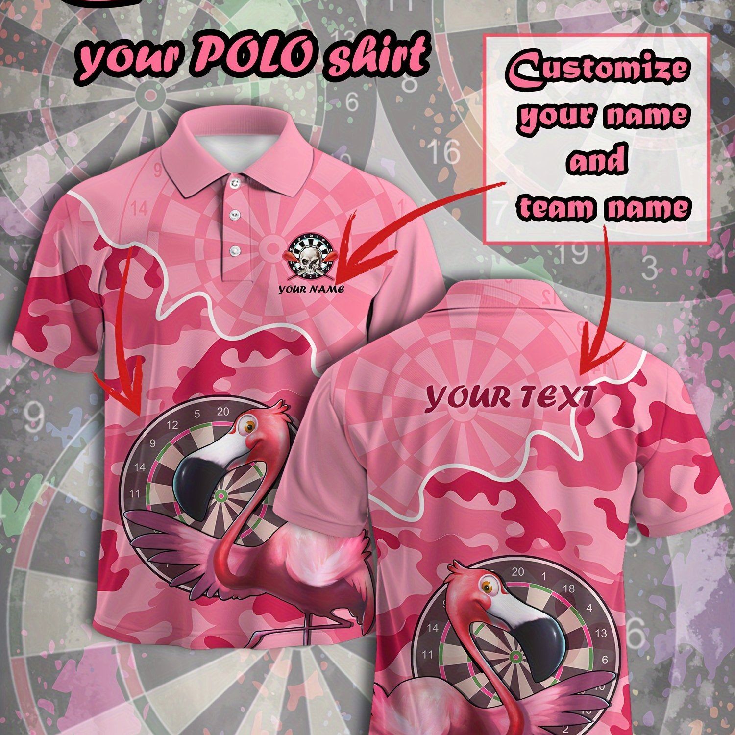 TEMU 2026 Custom Men's Dart-themed Shirt With Flamingo Design - Supports Self- Name, Initials, And Number, Team Name, Customizable Trendy Style,