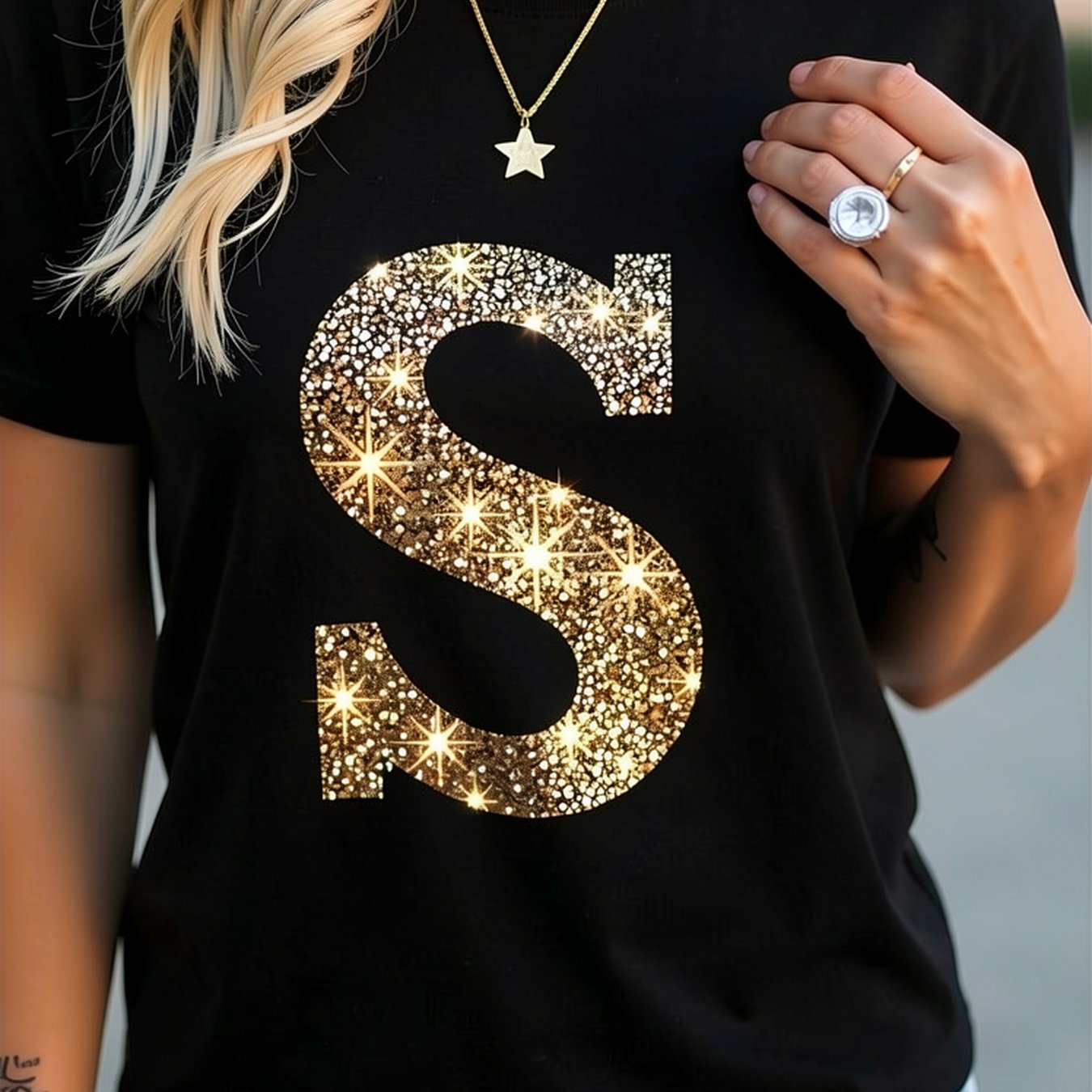 Image of Women's Black Short Sleeve T-shirt With Glitter S Letter Print - Lightweight 180g Summer Casual Top, Round Neck And Ruched Hem, Sparkly Graphic Tee For Stylish Outfits, Casual Attire