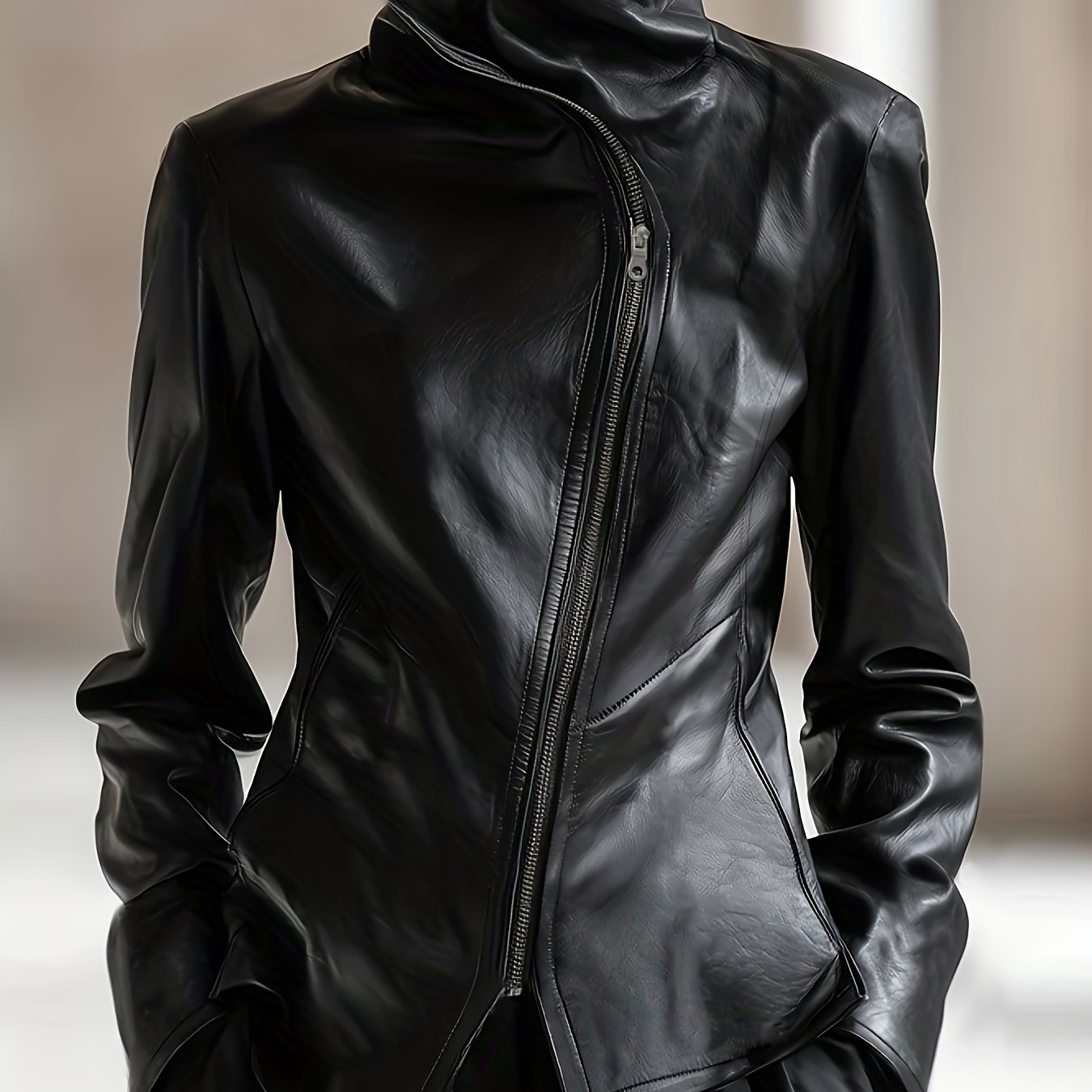 E-shop Damen Herbst Winter Neue Elegante High-Neck Schräge Reißverschluss Kunstleder Jacke