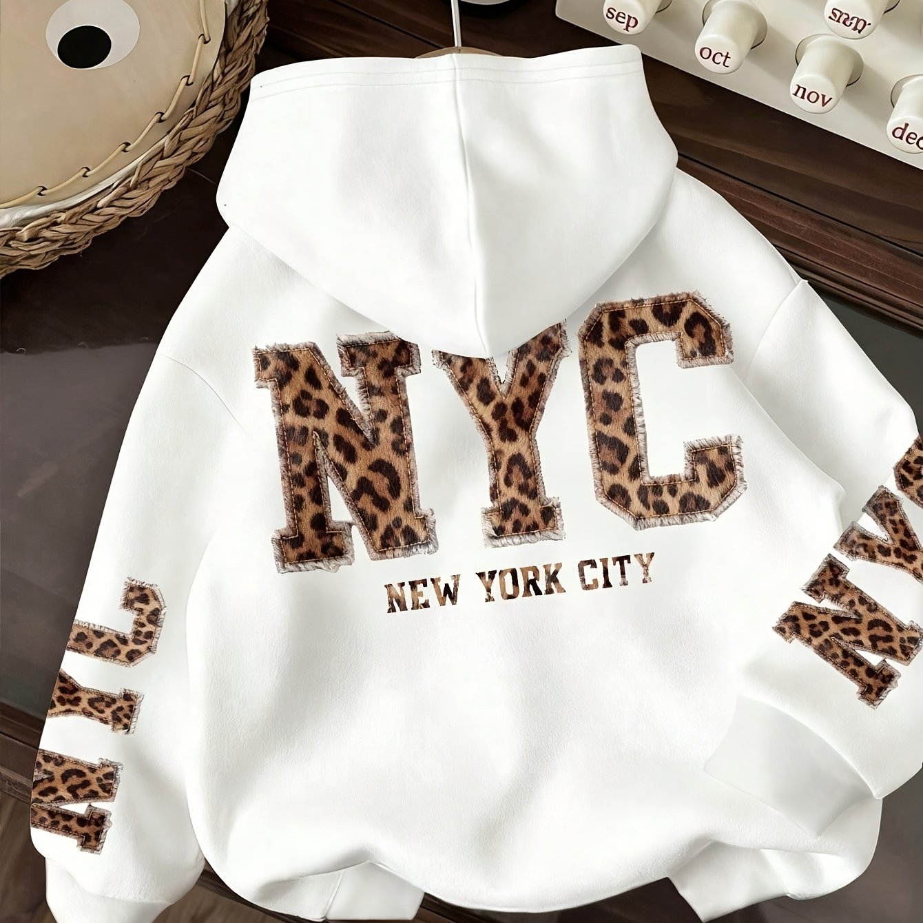 TEMU Women's Autumn/winter Casual Leopard Print Letter Applique Fashion Letter Print Hoodie, Casual Loose Long-sleeve Pullover, Drawstring Casual
