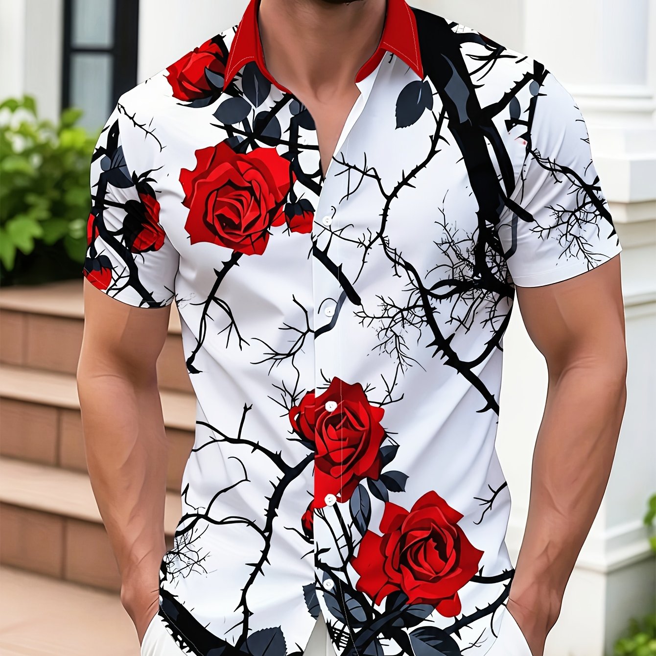 TEMU Men's Casual Short Sleeve Shirt, Red Rose And Black Thorn Pattern, Fashionable Versatile Beach Vacation Men's Casual Shirt, Comfortable And