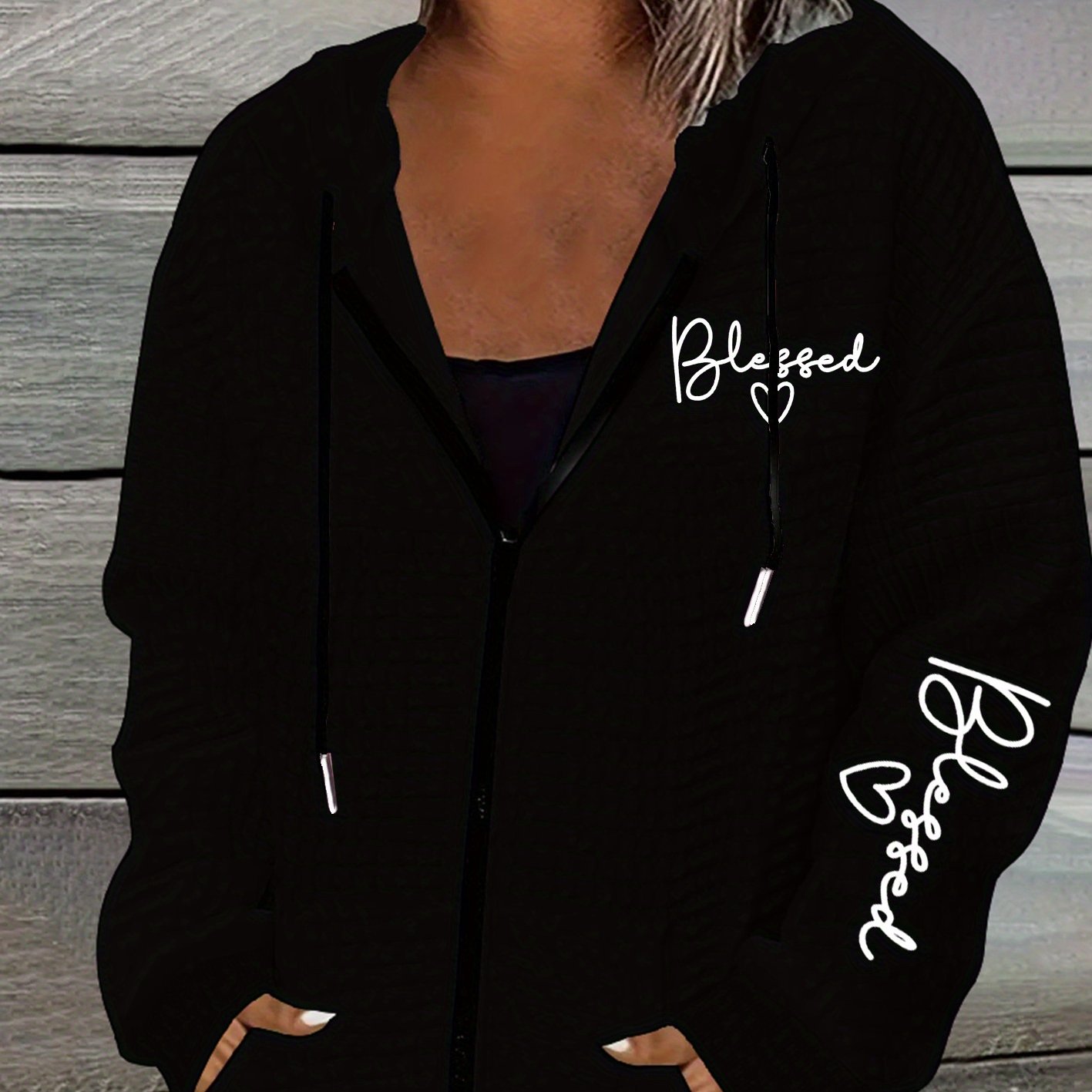 TEMU Fashion Letter Printing, Women's Casual Waffle Zipper Hooded Jacket With Drawstring - Fiber, Machine Washable, Geometric Pattern