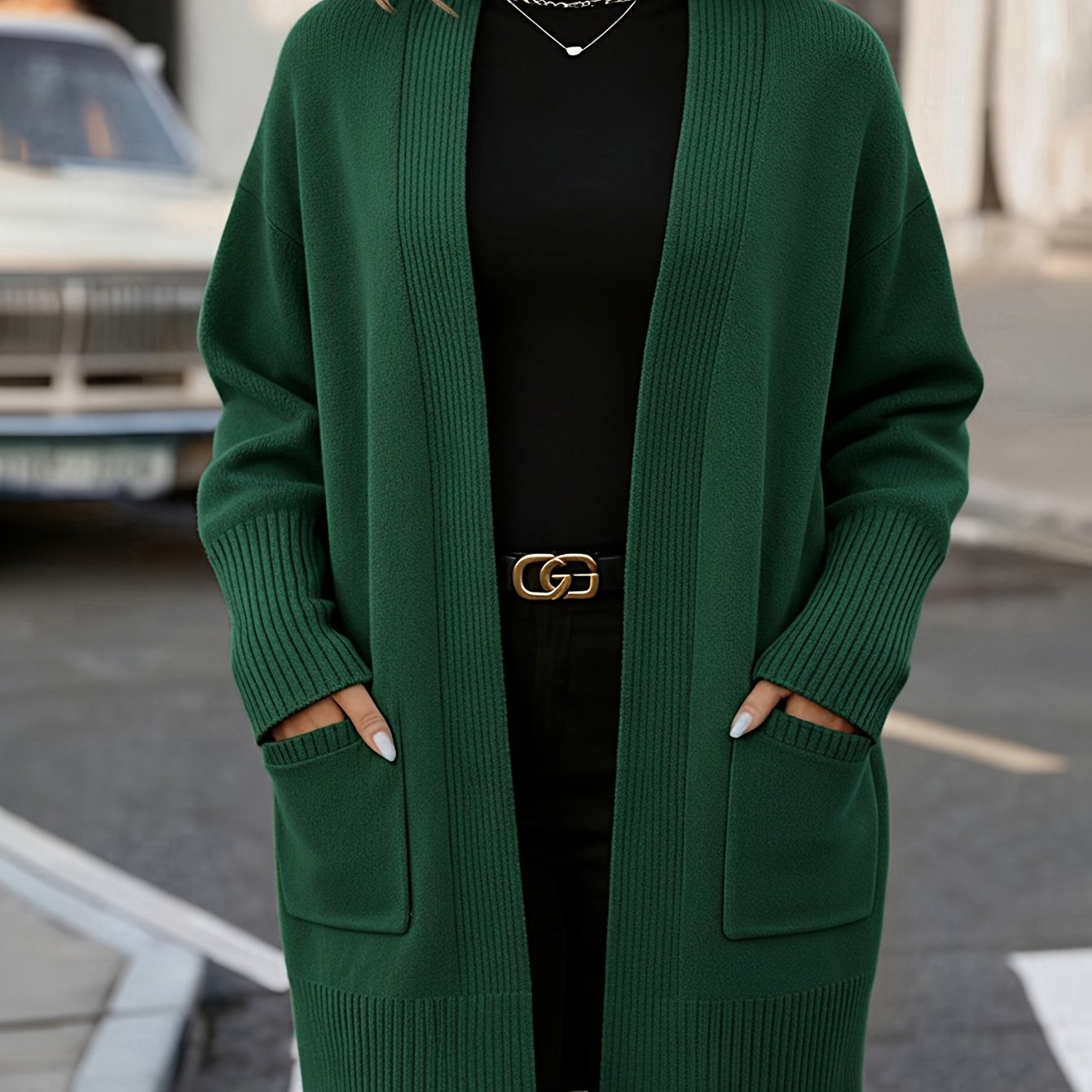 TEMU Plus Size, Women's Elegant Fashion Cardigan, Solid Color, Ribbed Texture With Large Pockets, Suitable For Office, Casual Daily Wear, Shopping,