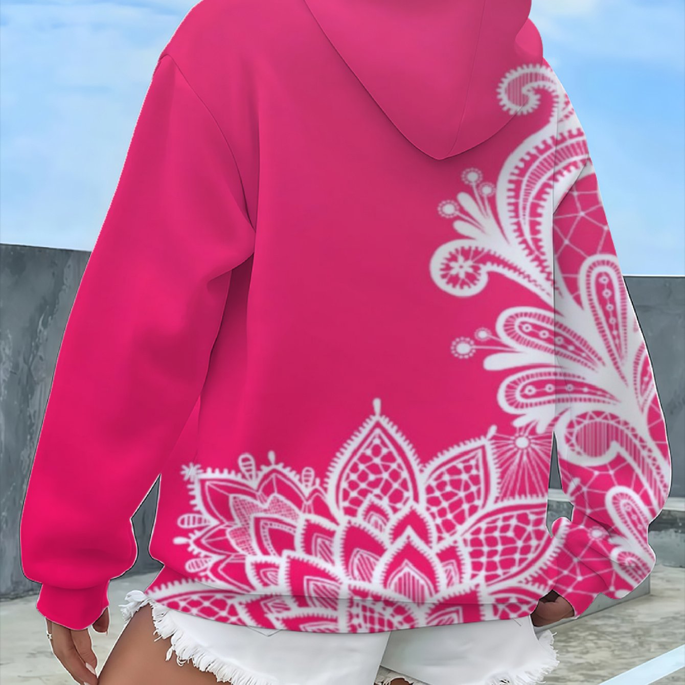 TEMU Plus Size - Plus Size - Women's Plus Size Floral Mandala Print Hoodie - Vibrant Pink And Pink-white Full Coverage Long Sleeve Pullover, Soft