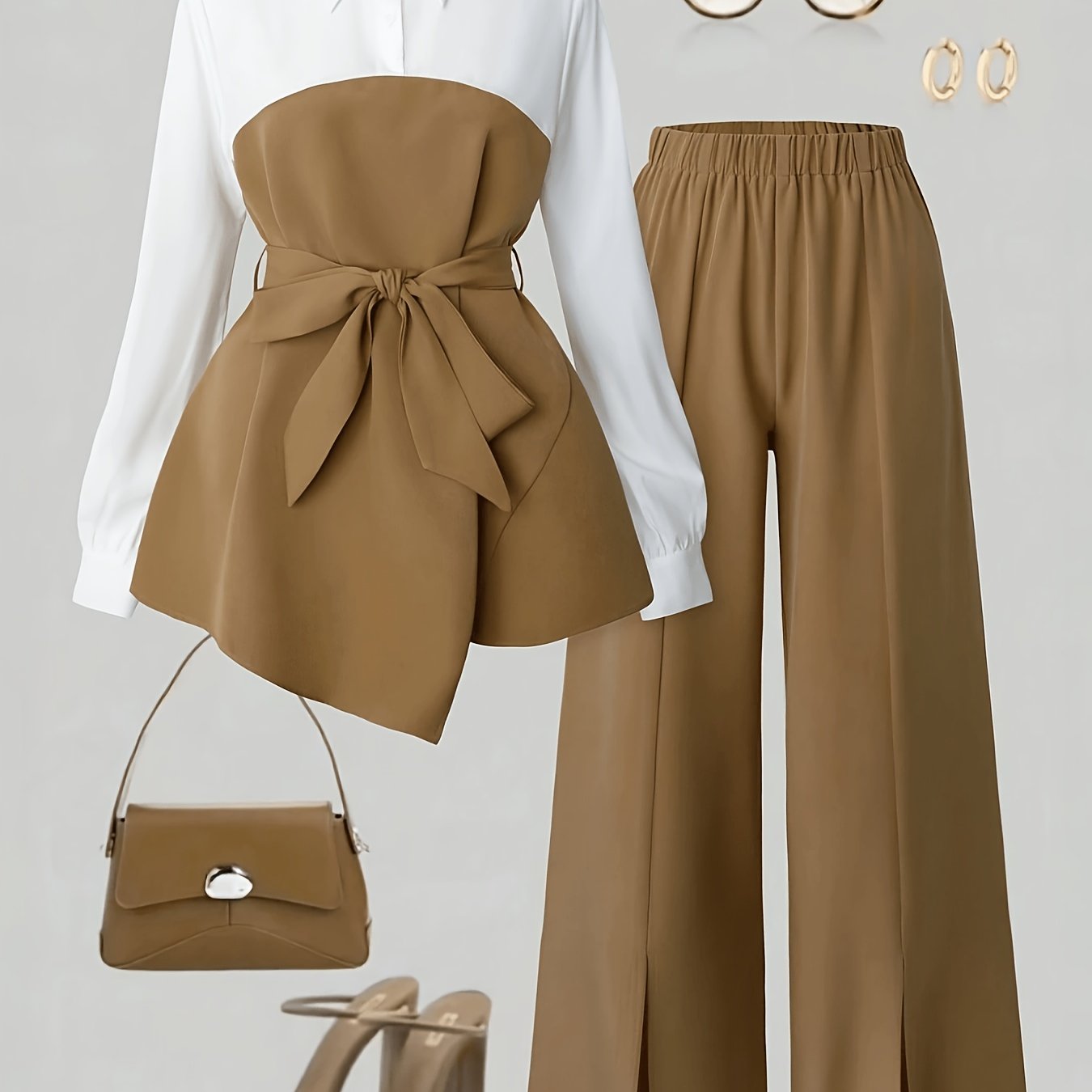 TEMU Women's Elegant 2pcs Office Set, Lapel Long-sleeve Top With Slit Wide-leg Pants, Business Commuter Style Outfit