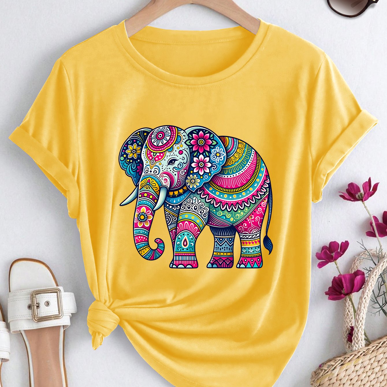TEMU Women's Casual Athletic T-shirt, Multicolor Ethnic Style Elephant Print Spring Summer Fall Round Neck Short Sleeve Tee, Fashion Casual Daily