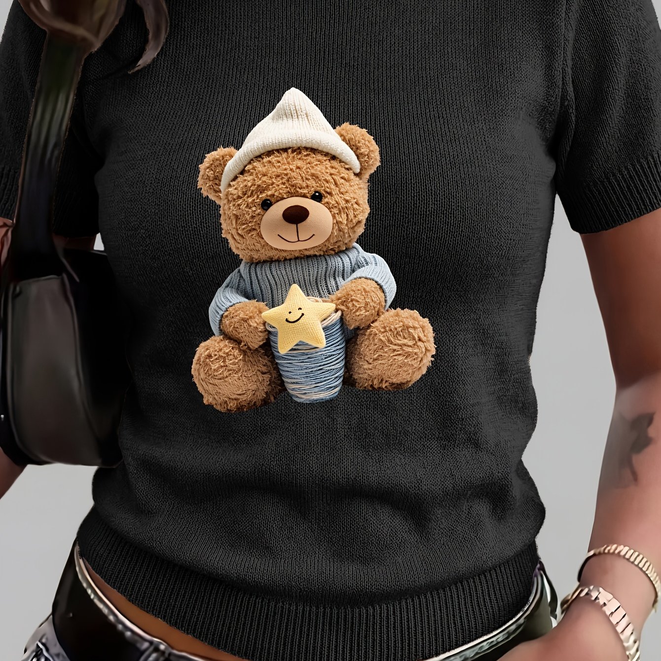 TEMU Women's Fashion Casual Round Neck Short Sleeve T-shirt, With Plush Bear Print Design, Easy All-match Top, Soft And Comfortable Fabric