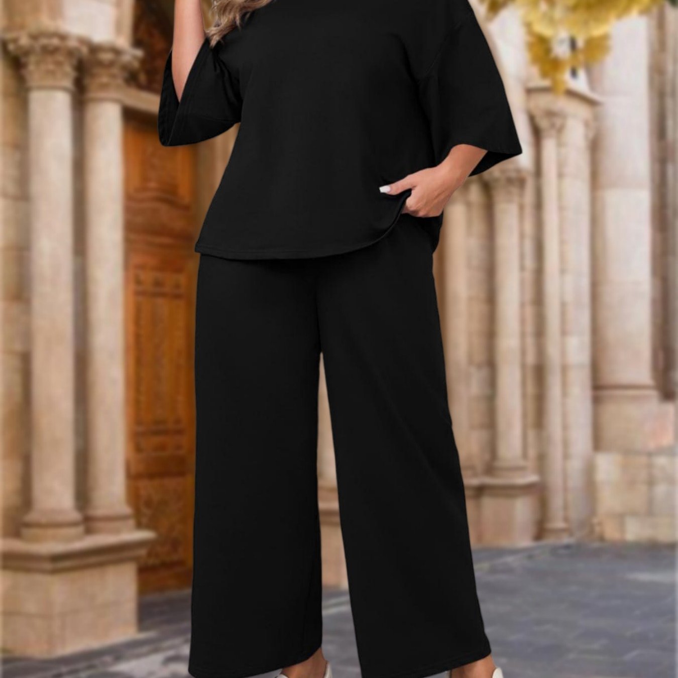Plus Size Two-piece Outfit For Women Featuring -quarter Sleeve Top And Wide-leg Trousers, Perfect For Spring And Summer