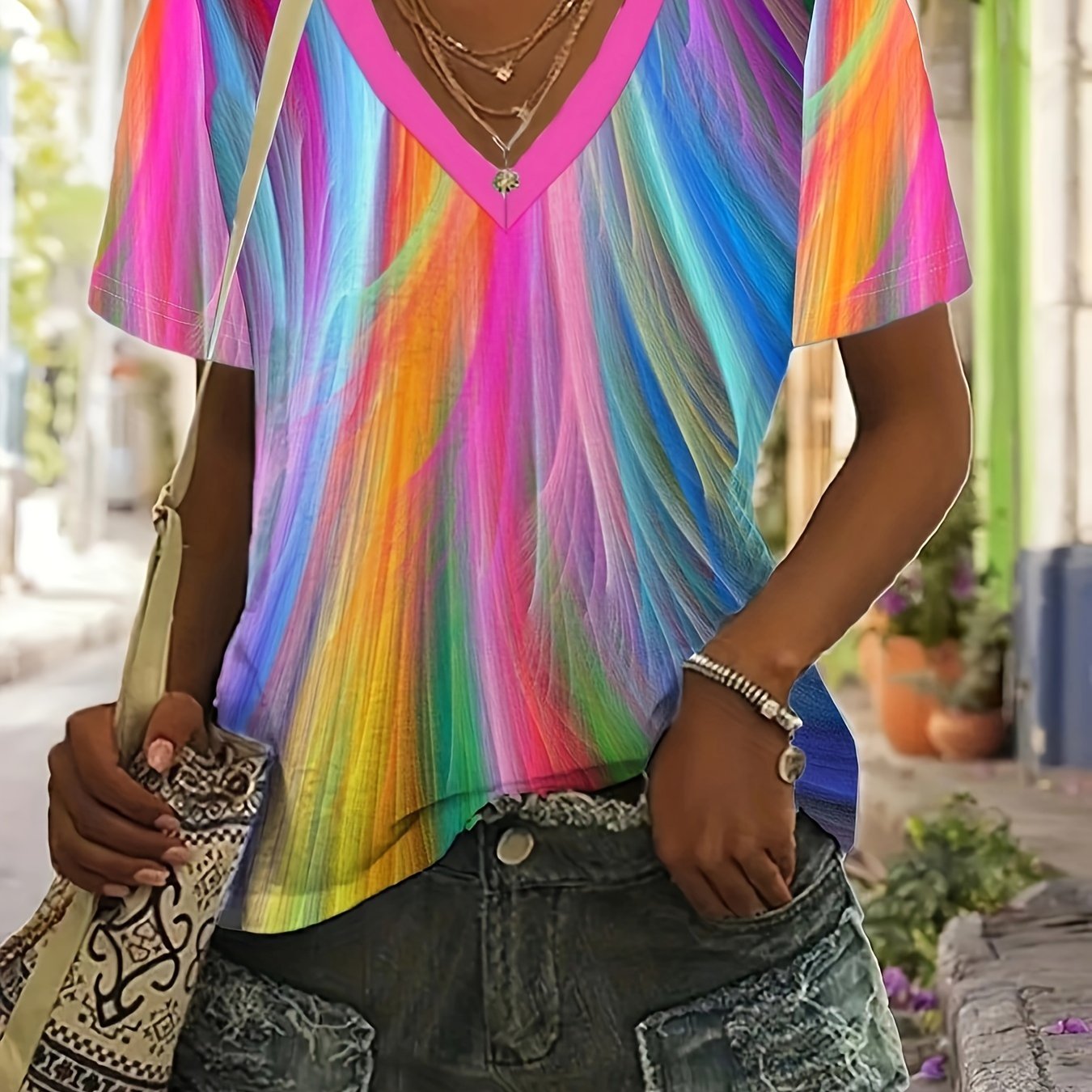 E-shop Buntes bedrucktes T-Shirt, stylisches Sommer Damen V-Ausschnitt Kurzarm Top, lässige Pullover Bekleidung aus Europa und Amerika