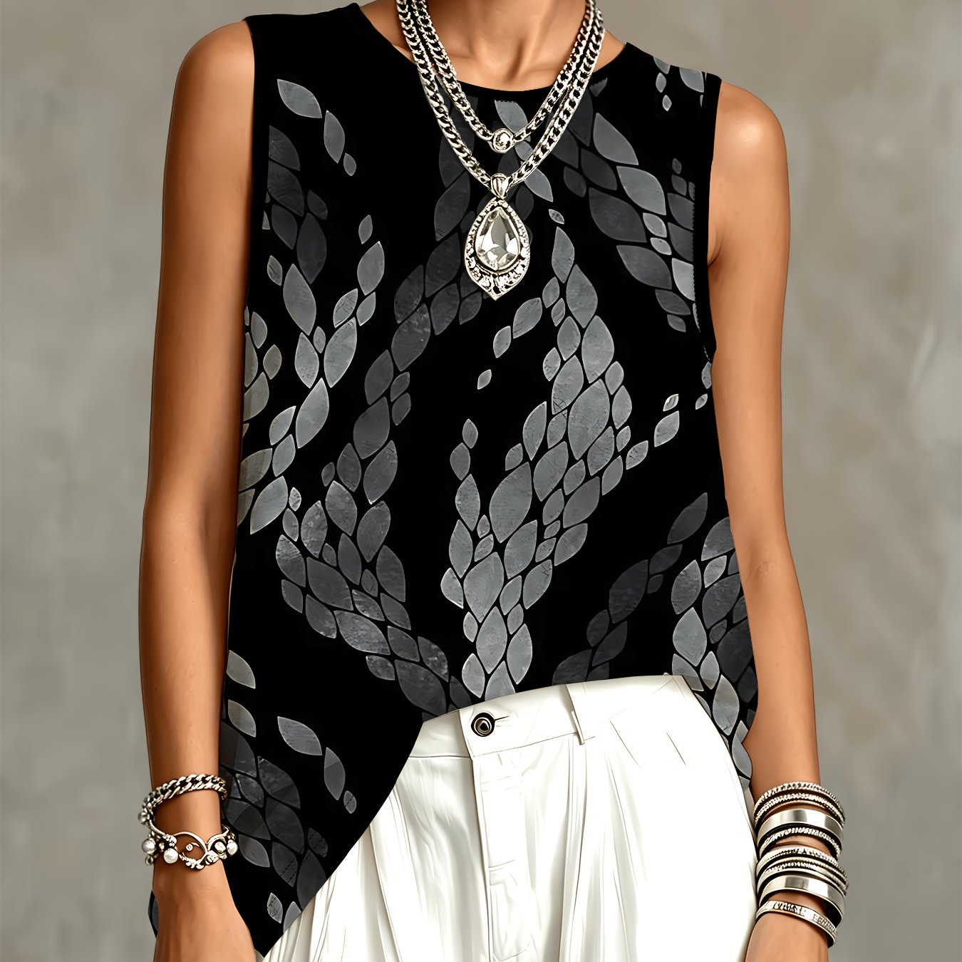 TEMU Black Printed Sleeveless Top, Women's Fashion Slim-fit Vest, Loose Trendy Short Design, Versatile Summer Base Shirt