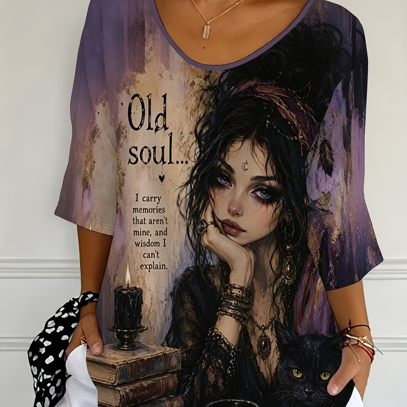 TEMU [printed Design - Textureless] Women's 3/4 Sleeve T-shirt, Mysterious Black Cat Retro Art Pattern, Loose Casual Blouse Top, Bohemian Style,