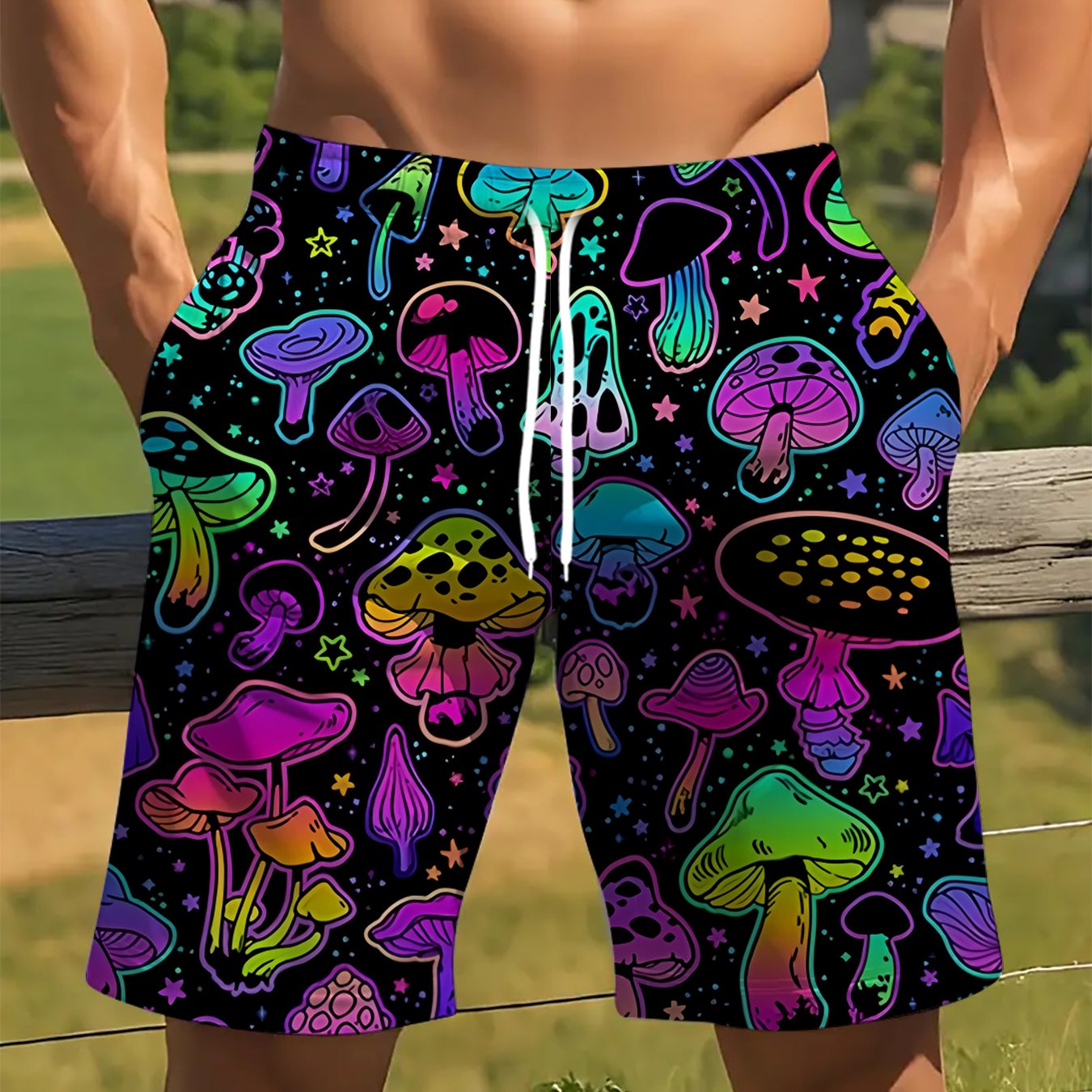 TEMU Men's Neon -the-dark Mushroom Print Shorts - Neon Pink, Green, Purple, Yellow, Orange, Red, Pink, - Casual Beach Vacation Party Outfit - Machine
