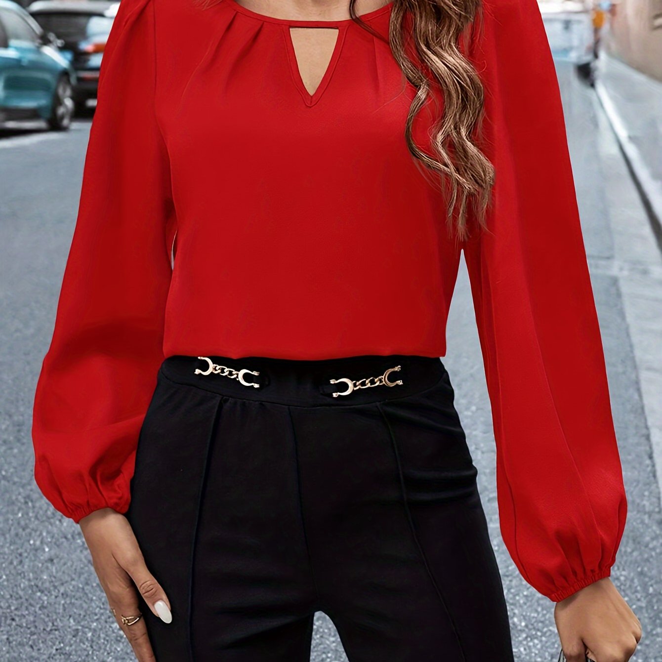 TEMU Keyhole Neck Solid Color Blouse, Elegant Lantern Sleeve Commuter Top For Spring & Fall, Women's Clothing