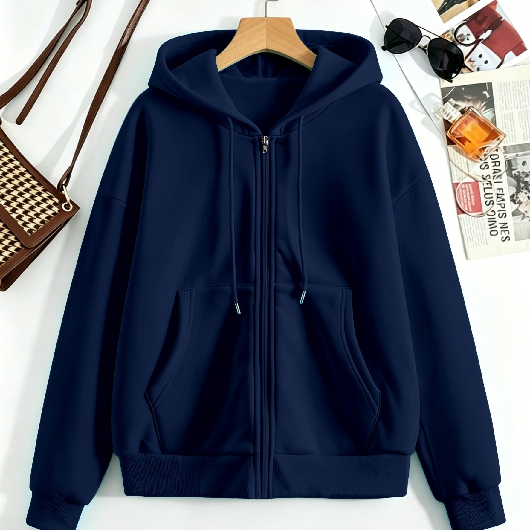 TEMU Solid Color Hooded Zip-up Sweatshirt For Women, Autumn/winter Style, Loose Fit, Versatile Solid Color Casual Sport Jacket