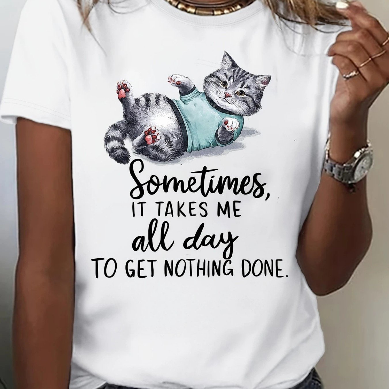 TEMU Plus Size, Women's Funny Cat Lady T-shirt - " 't Thing All Day" Slogan - Soft Breathable Pure Short Sleeve Top With Cat - White Casual Summer