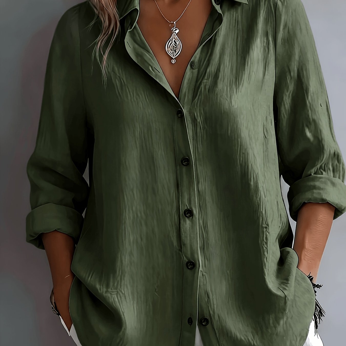 TEMU Camisa de color liso para mujer BK260503047, fácil de secar y , elegante y versátil para usar en capas en el trabajo