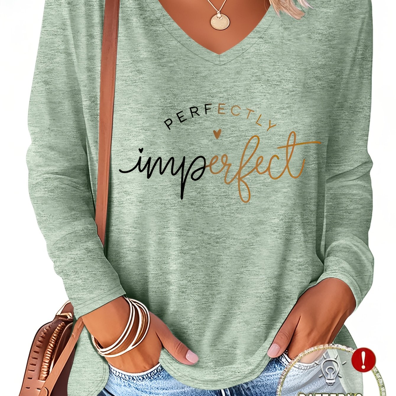 TEMU Plus Size - Spring Summer Plus Size Women's Fashion Letter "" Long Sleeve V-neck T-shirt, Viscose - Care Machine Washable, Loose Fit, Self-