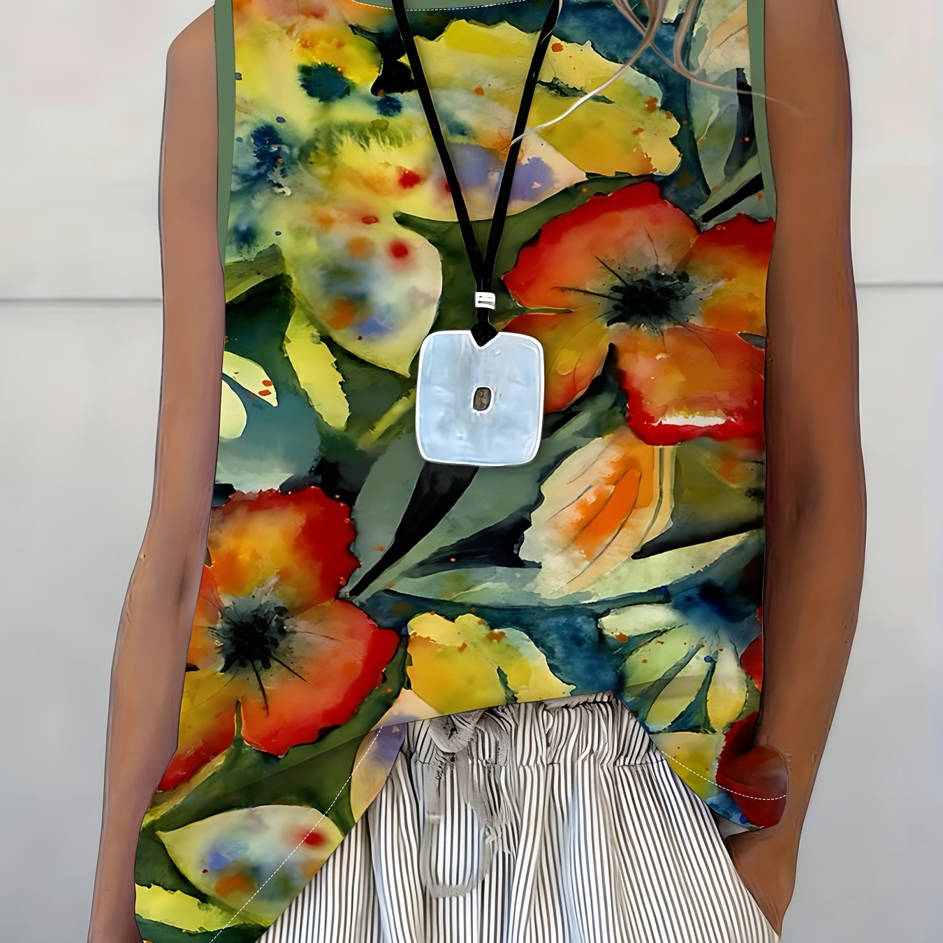 TEMU Floral Pattern Sleeveless Tank Top, Women's Summer Loose , Casual Fashion Printed T-shirt