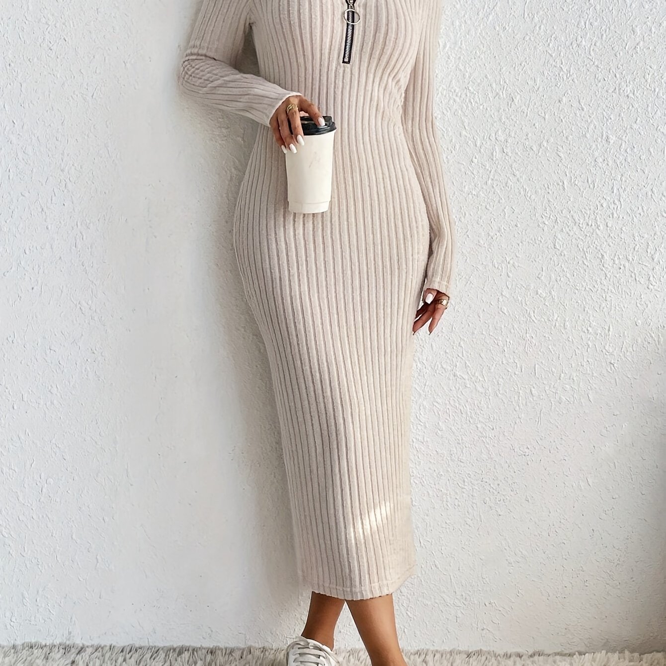 ribbed knit zip-up v neck dress, chic solid color long sleeve slim dress, women's clothing apricot