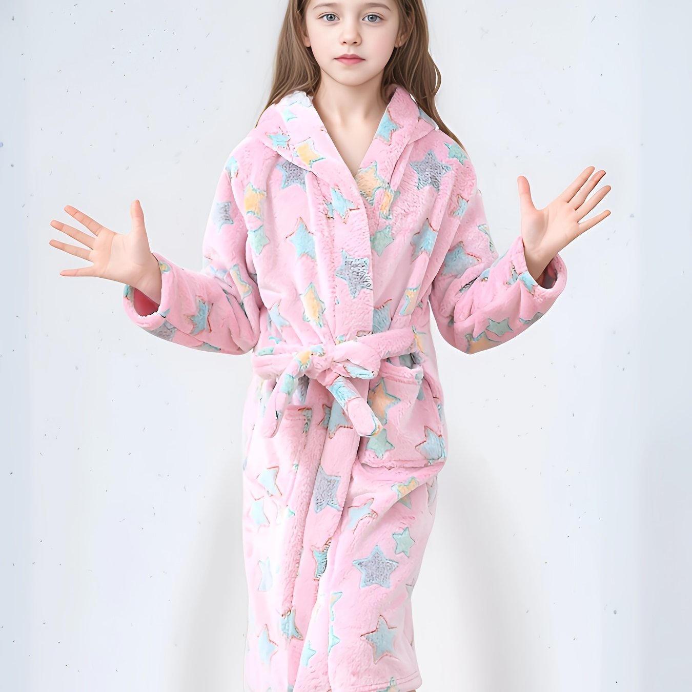 Image of The Label Is At The Side Seam Of The Hem Or Inside The Back Neck. Girls' Flannel Floral -patterned Soft And Comfortable Flannel Nightgown, Party Loungewear, -the-dark Bathrobe For Girls. Under Light