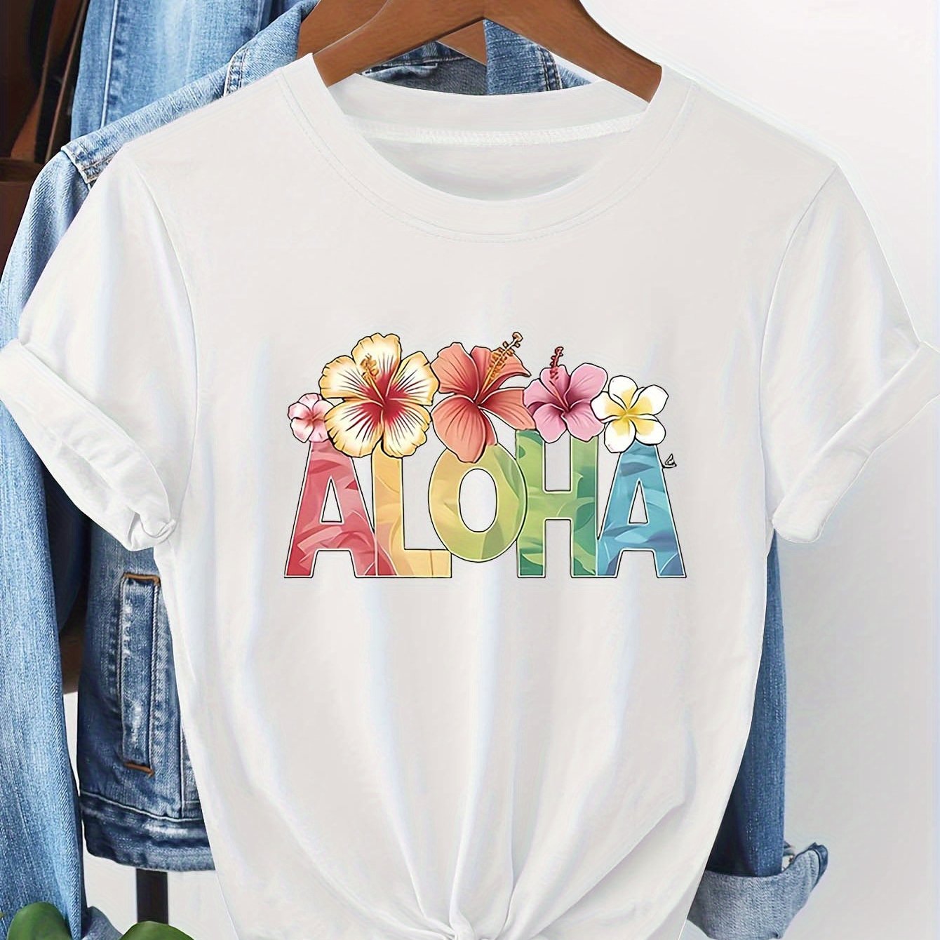 TEMU Aloha Graphic Print T-shirt, Short Sleeve Crew Neck Casual Top For Summer & Spring, Women's Clothing