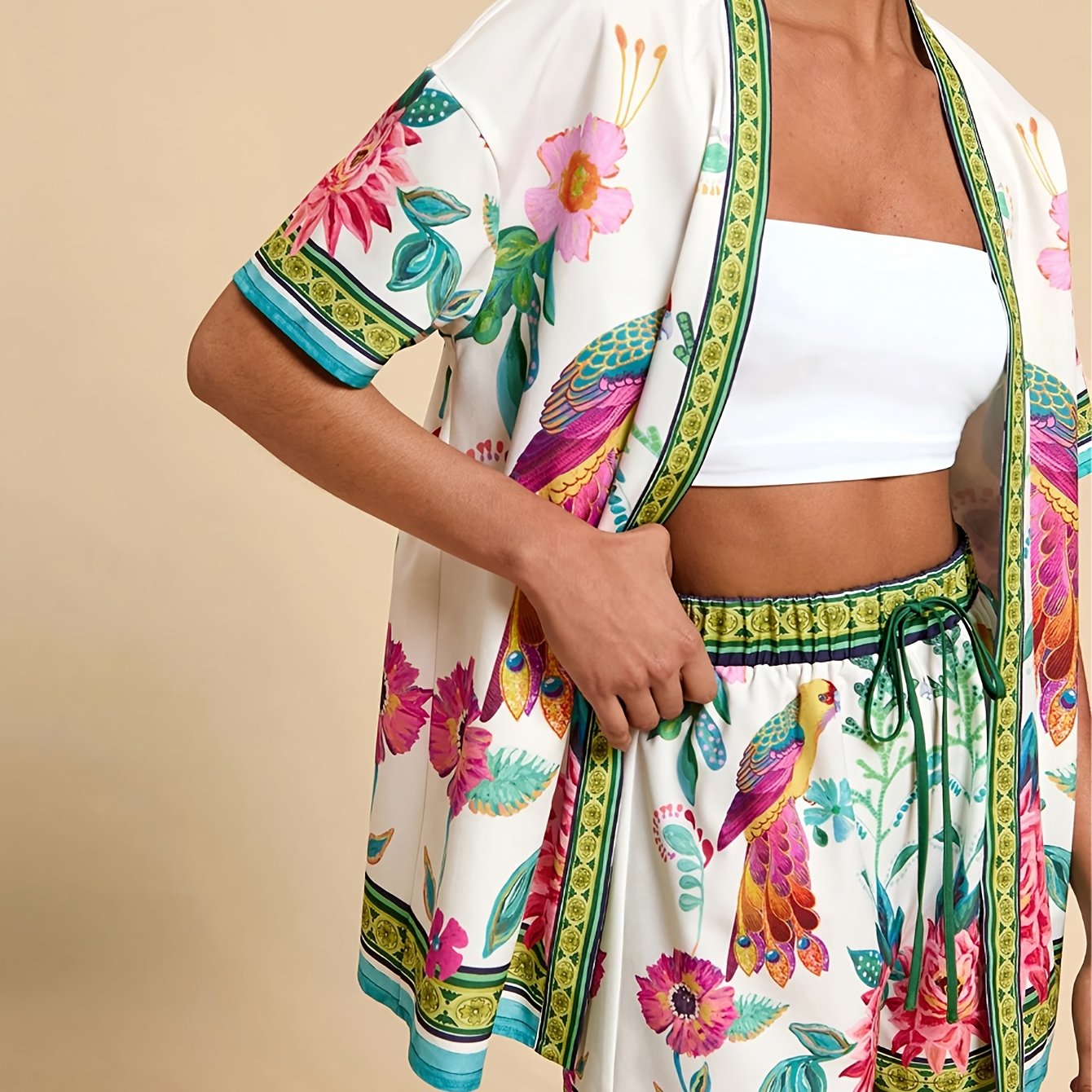 Yy0126814 2pcs Tropical Print Short Sleeve Top And Shorts Set