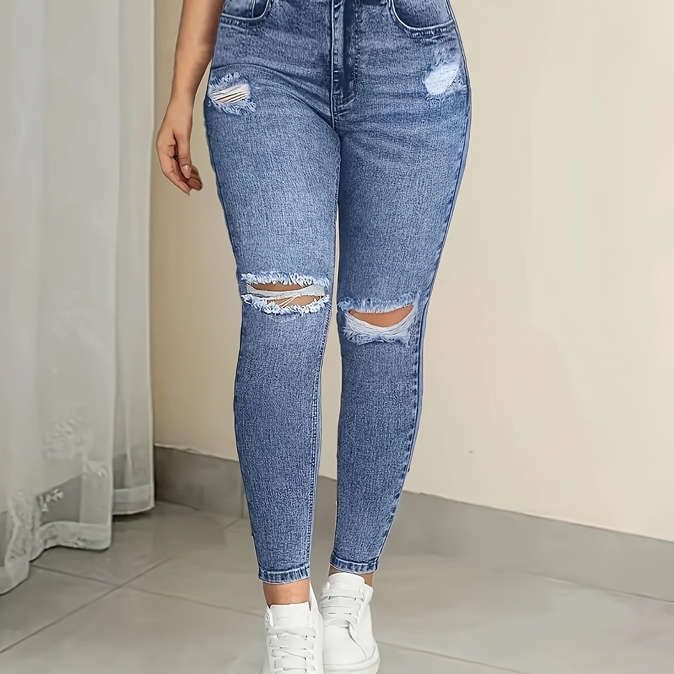 High-waisted Stretchy Ripped Jeans For Women