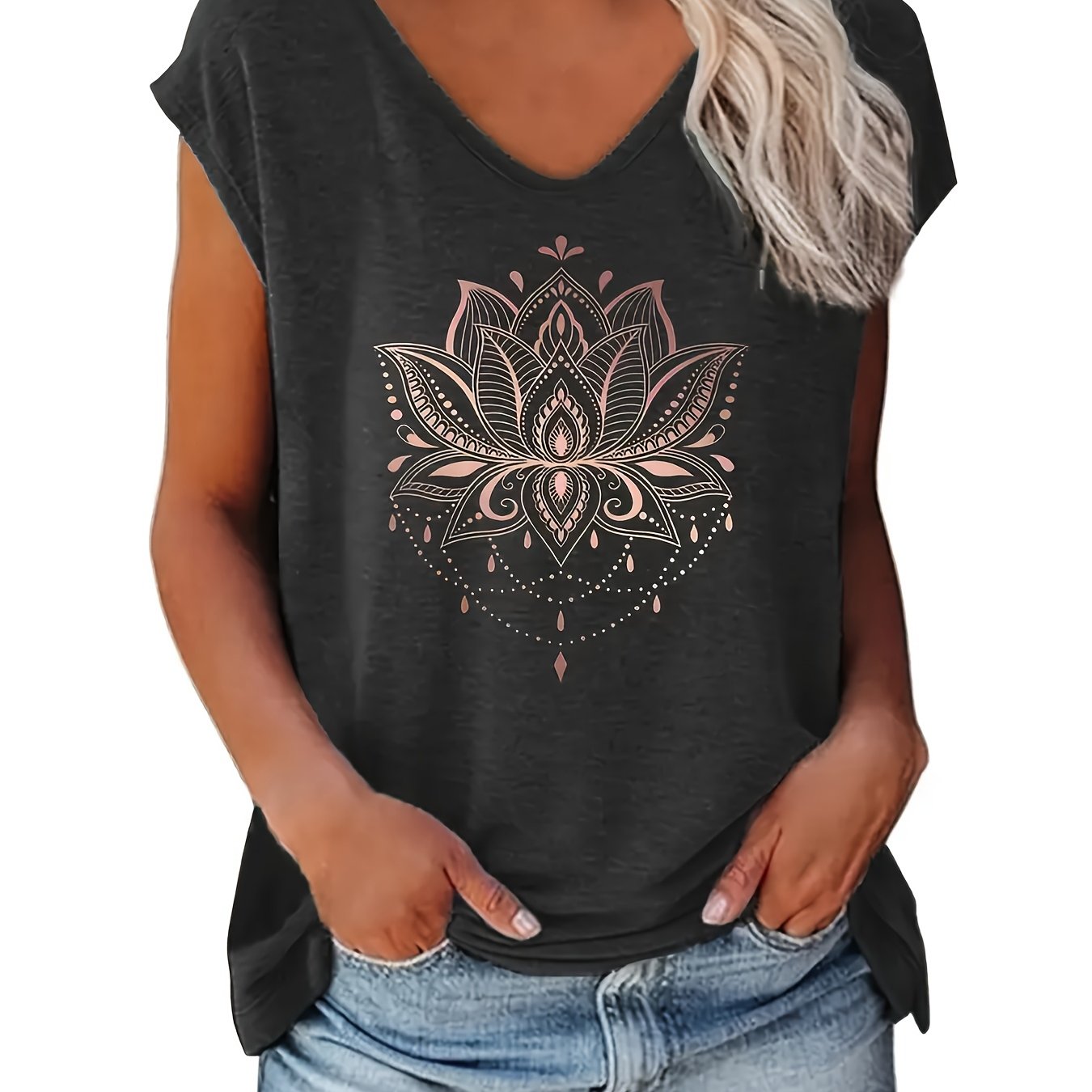TEMU Women's Floral V-neck Short Sleeve T-shirt - Casual Loose With Intricate Mandala Design, Light Green Summer Tee For Casual Attire, Summer Top | Relaxed | Polyester
