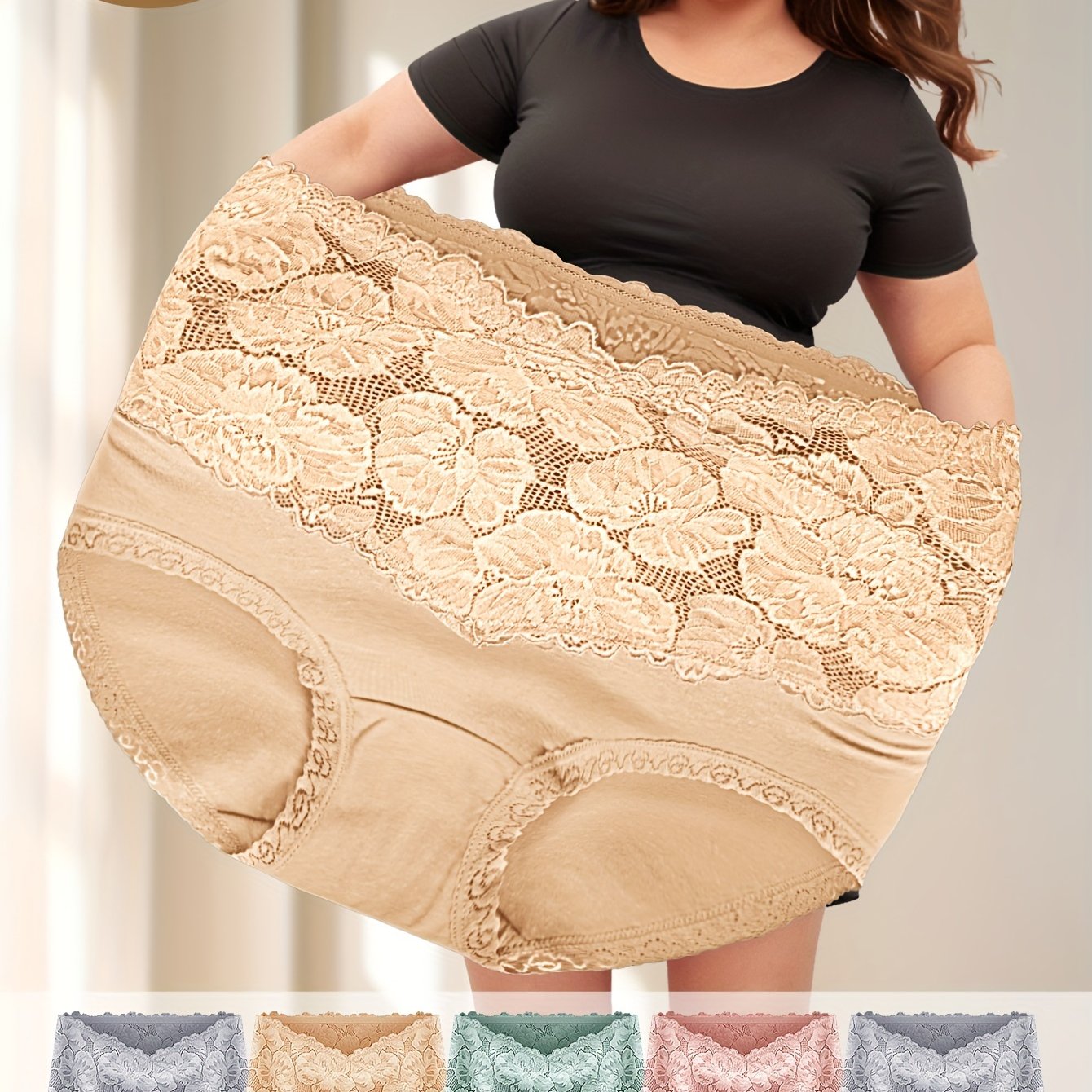 Image of 5pcs Pack Meiyating Women's High-waisted Tummy Control Underwear - Lifting Plus Size Panties With Lace Trim, Enhancing Briefs Suitable For Postpartum, Daily Wear &, Fit Solid Color (hand Washable)