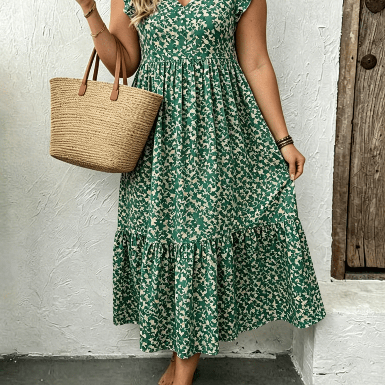 Image of Plus Size Women's Sleeveless V-neck A-line Flowy Midi Dress With Cap Sleeves, Green Beige Ditsy Floral Print, Casual Boho Summer Beach Vacation Everyday Wear Loose Comfortable Dress