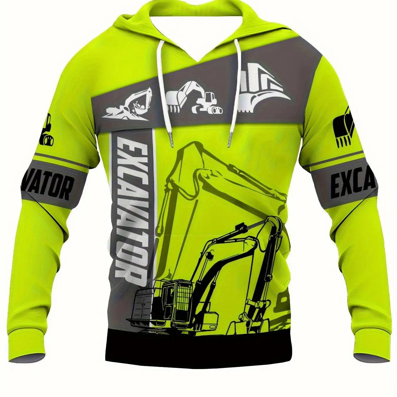 TEMU Piece Men's Plus Size Neon Yellow And Black Excavator Print Hoodie- 3d Graphic Pullover, Kangaroo Pocket, Polyester Knit Sweatshirt, Plus Size