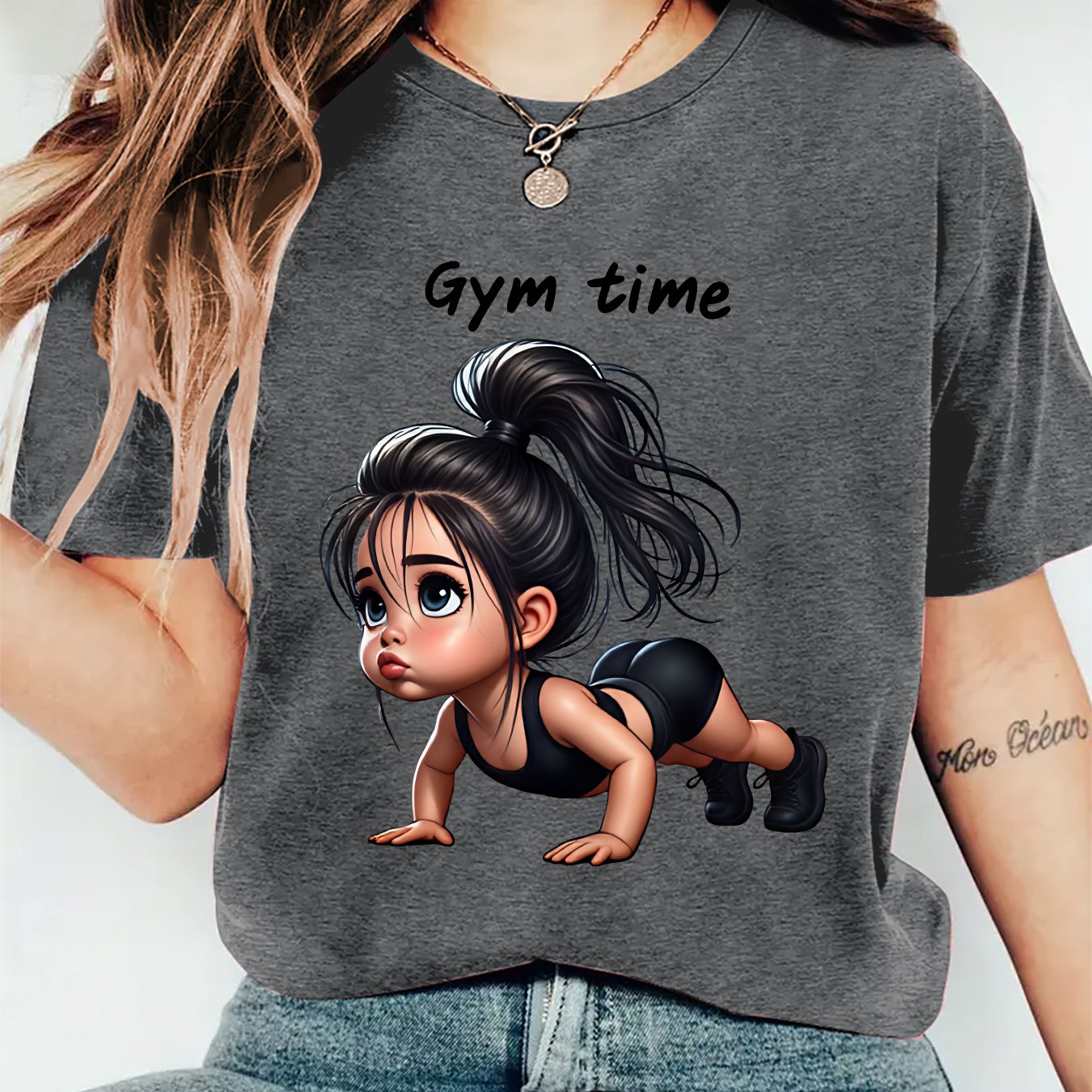 TEMU 2026 New Women's High Ponytail Push-ups Fitness Cartoon Round Neck Short Sleeve T-shirt, Sports Casual Versatile Fitness Top